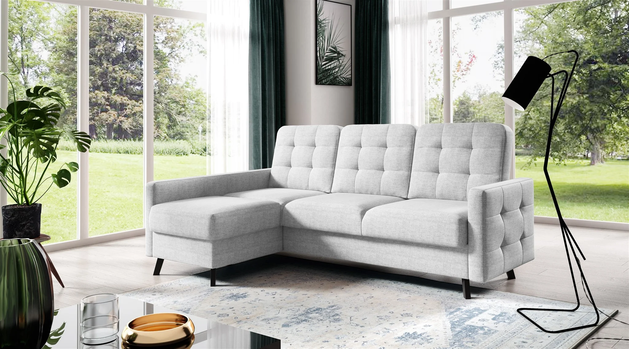 Ecksofa Sofa GARNET Stoff Luis Hellgrau mit Schlaffunktion Ottomane Links - Fun Möbel