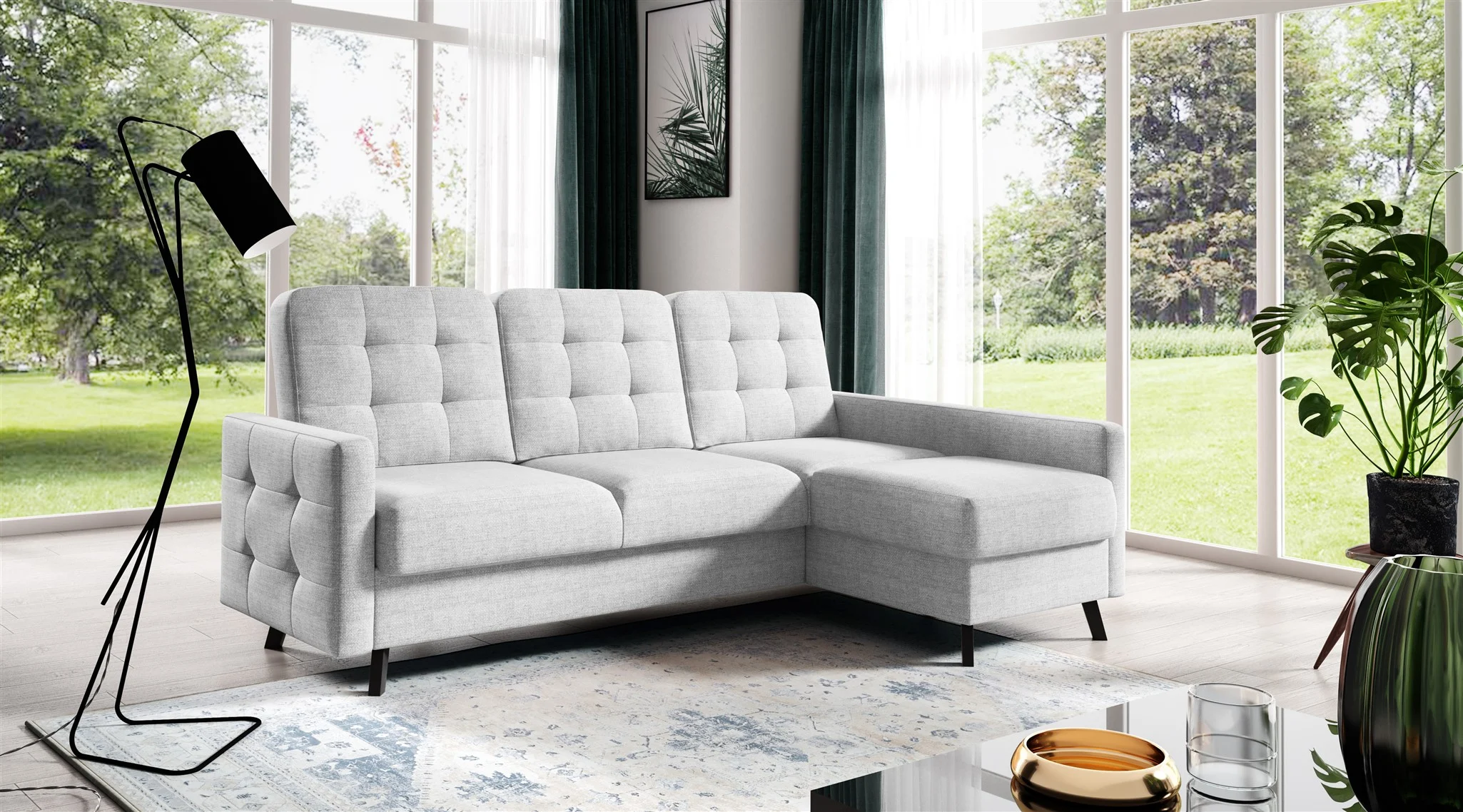 Ecksofa Sofa GARNET Stoff Luis Hellgrau mit Schlaffunktion Ottomane Rechts - Fun Möbel