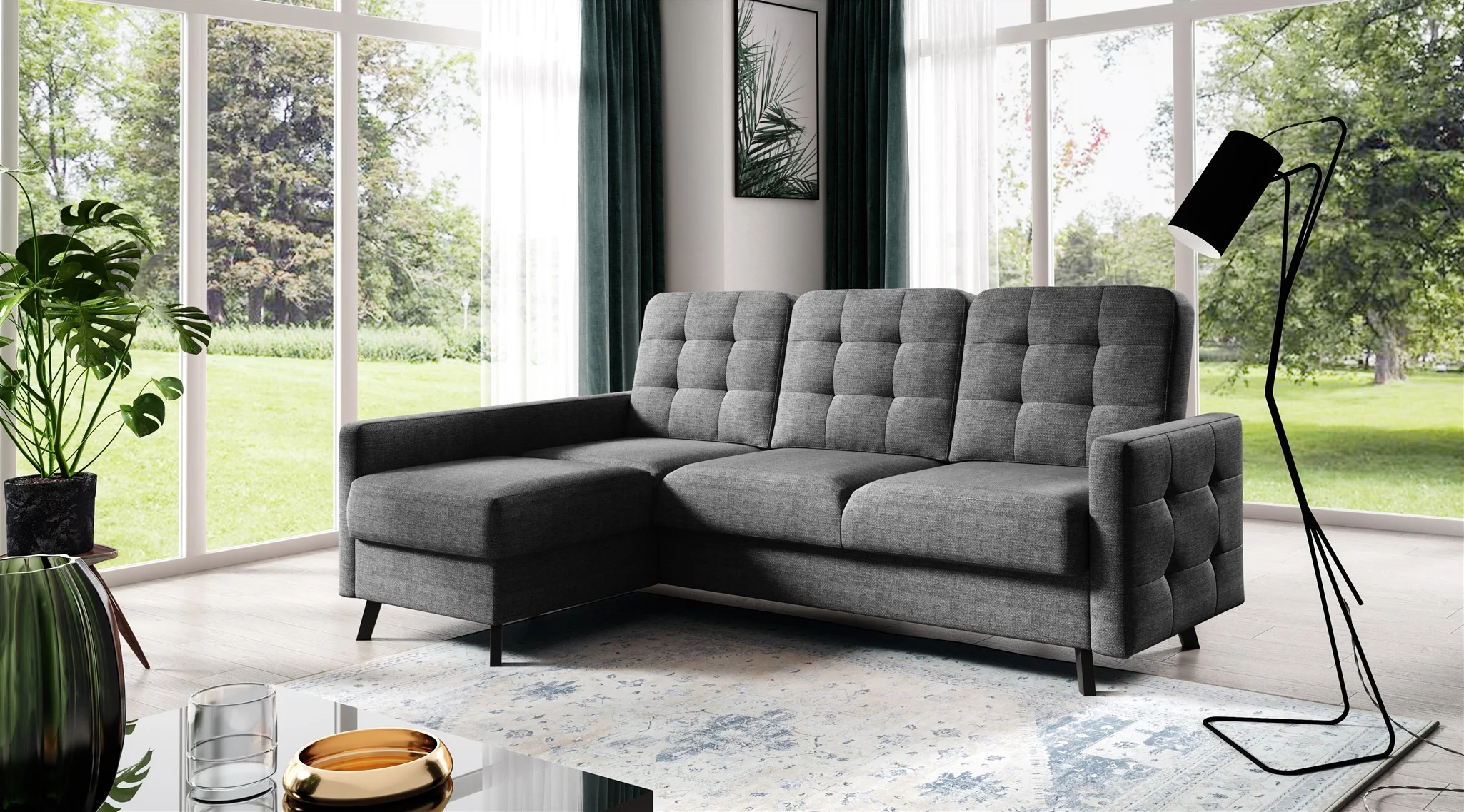 Ecksofa Sofa GARNET Stoff Luis Grafit mit Schlaffunktion Ottomane Links - Fun Möbel