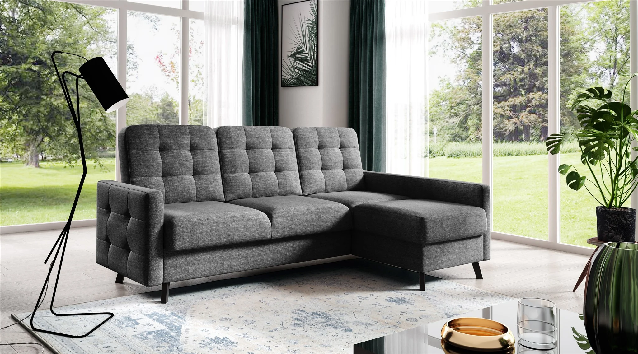 Ecksofa Sofa GARNET Stoff Luis Grafit mit Schlaffunktion Ottomane Rechts - Fun Möbel