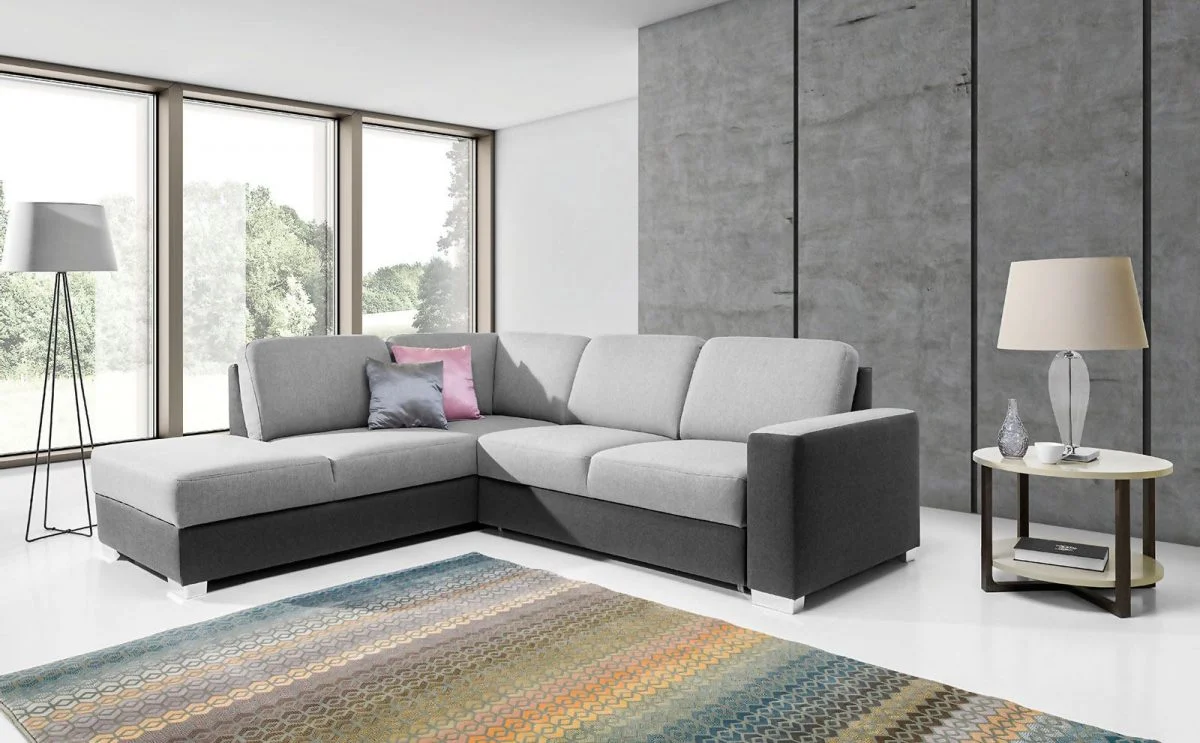 Ecksofa Sofa JUNES mit Schlaffunktion Grau / Hellgrau Ottomane Links - Fun Moebel