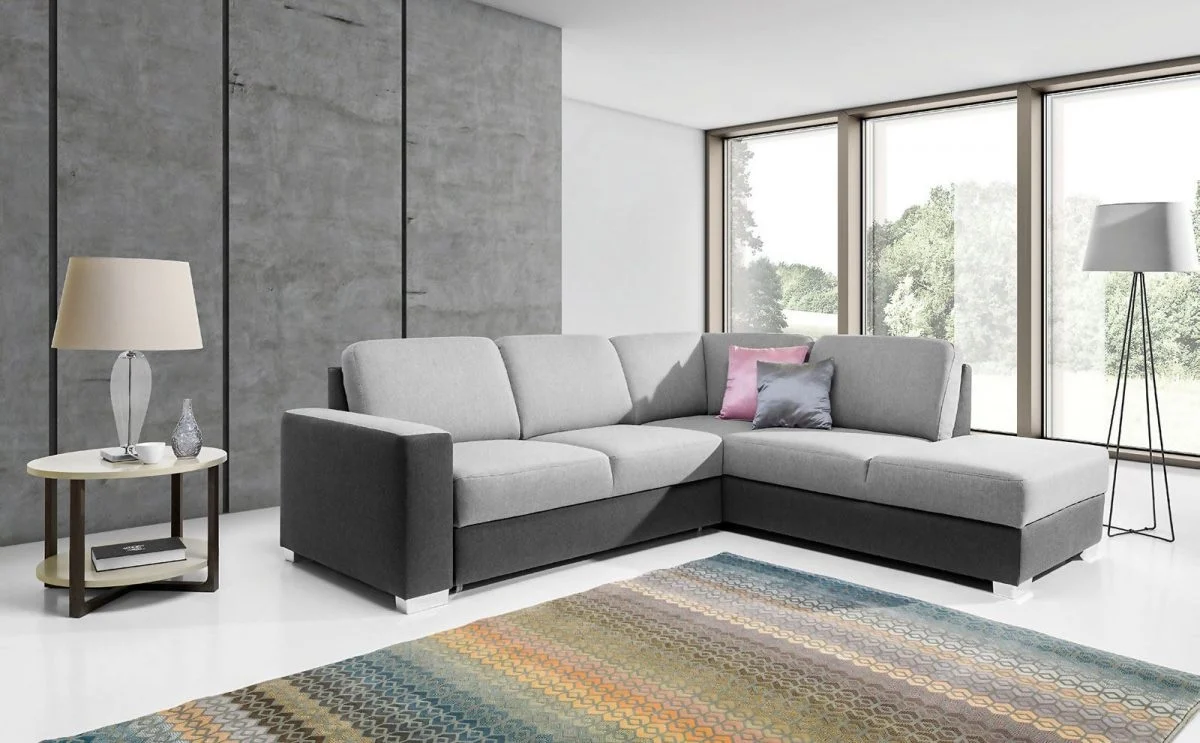 Ecksofa Sofa JUNES mit Schlaffunktion Grau / Hellgrau Ottomane Rechts - Fun Moebel