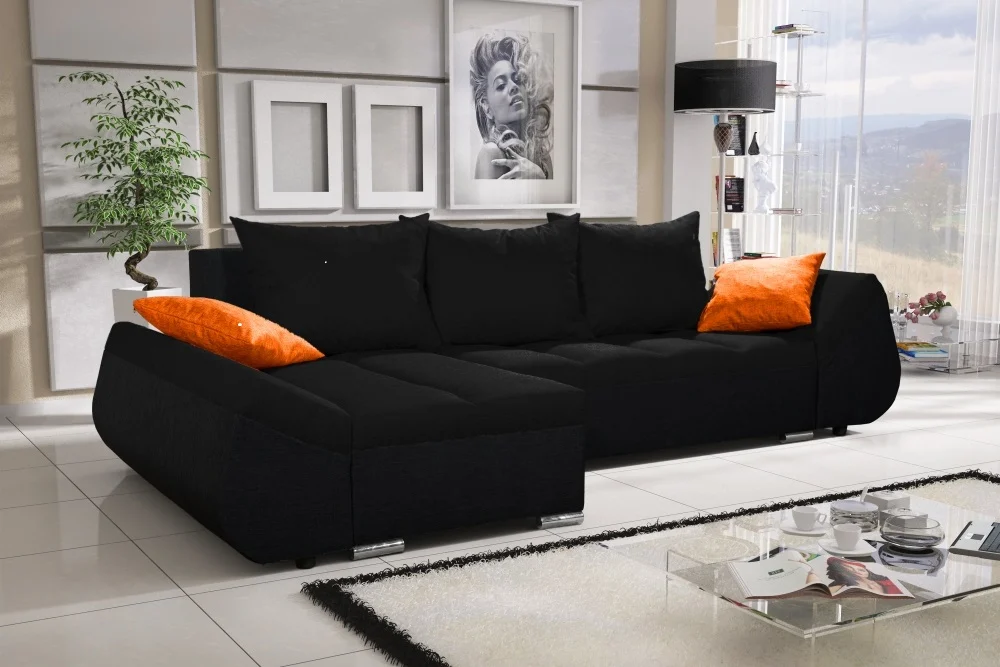 Ecksofa Sofa KLEO mit Schlaffunktion Schwarz Ottomane Links - Fun Moebel