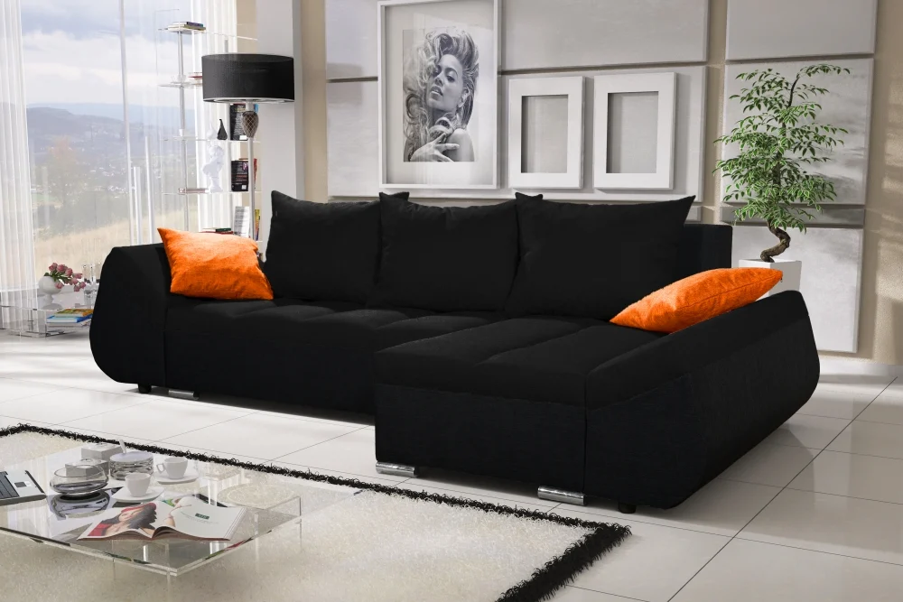 Ecksofa Sofa KLEO mit Schlaffunktion Schwarz Ottomane Rechts - Fun Moebel