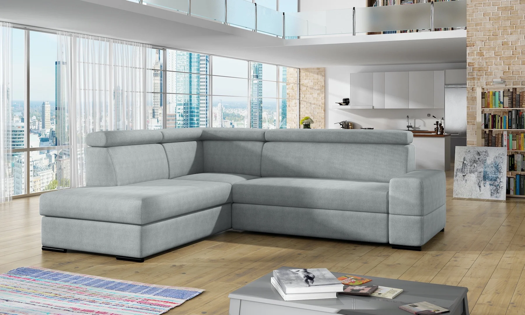 Ecksofa Sofa LETO mit Schlaffunktion Hellgrau Ottomane Links - Fun Moebel