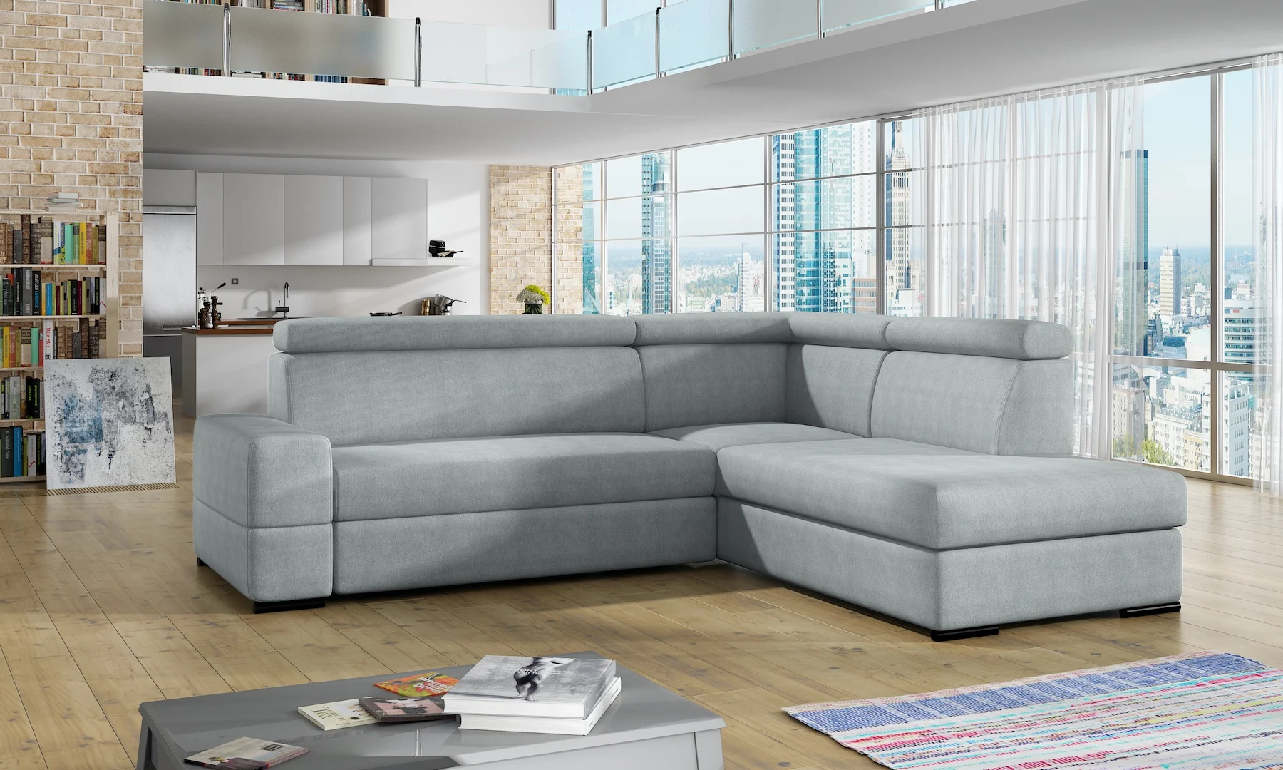 Ecksofa Sofa LETO mit Schlaffunktion Hellgrau Ottomane Rechts - Fun Moebel