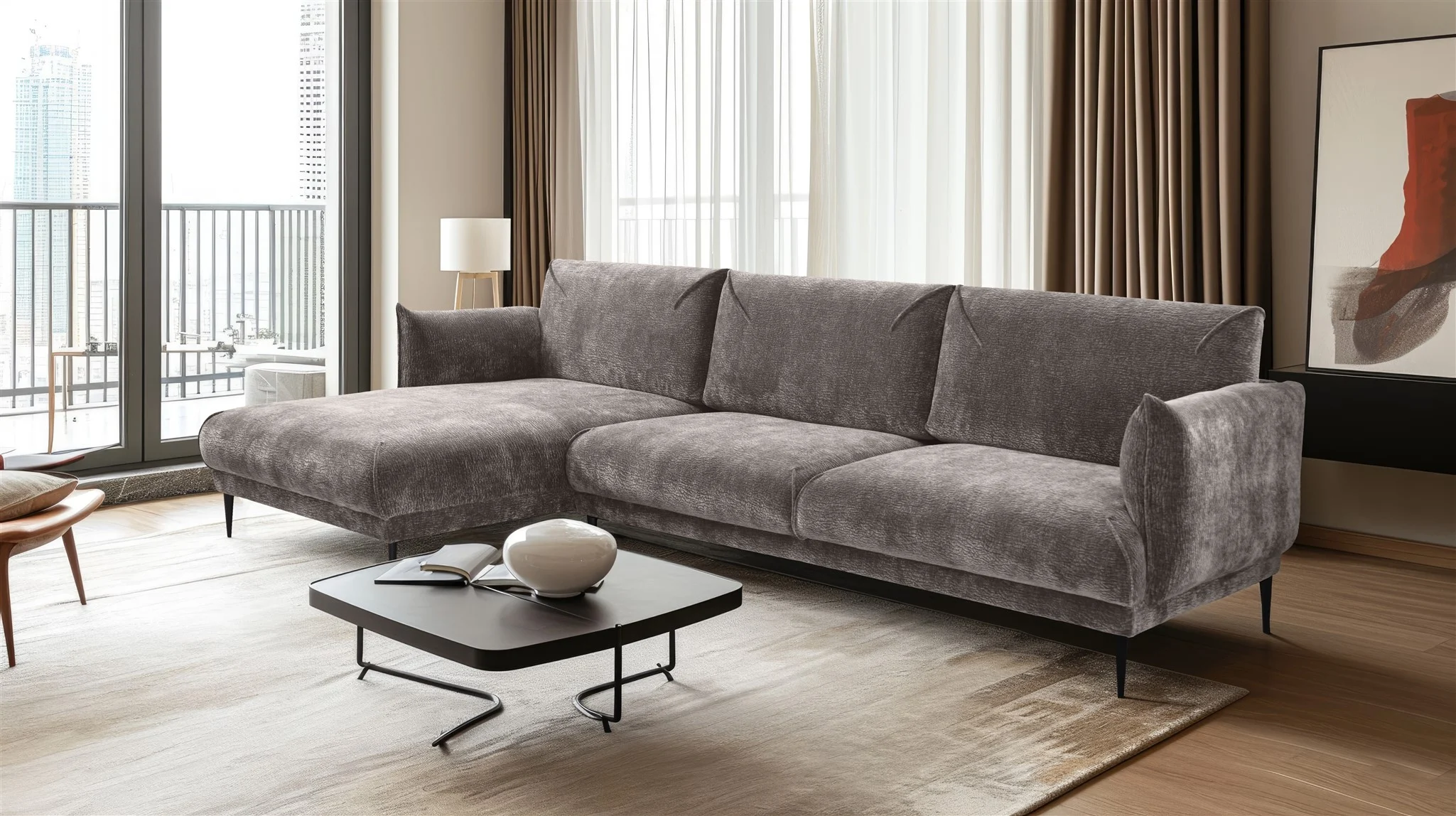 Ecksofa Designersofa MADISON XL in Stoff Dress Me Hellgrau Ottomane Links - Fun Möbel