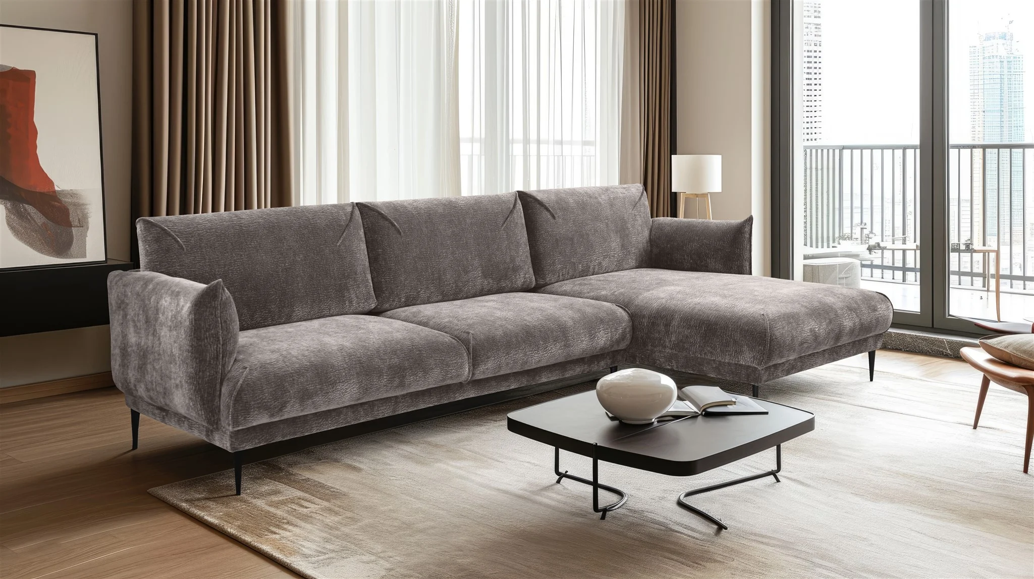 Ecksofa Designersofa MADISON XL in Stoff Dress Me Hellgrau Ottomane Rechts - Fun Möbel