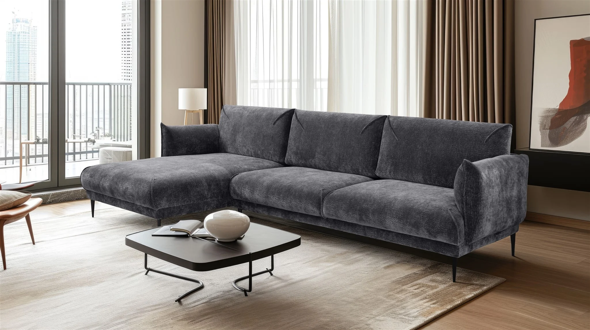 Ecksofa Designersofa MADISON XL in Stoff Dress Me Grau Ottomane Links - Fun Möbel