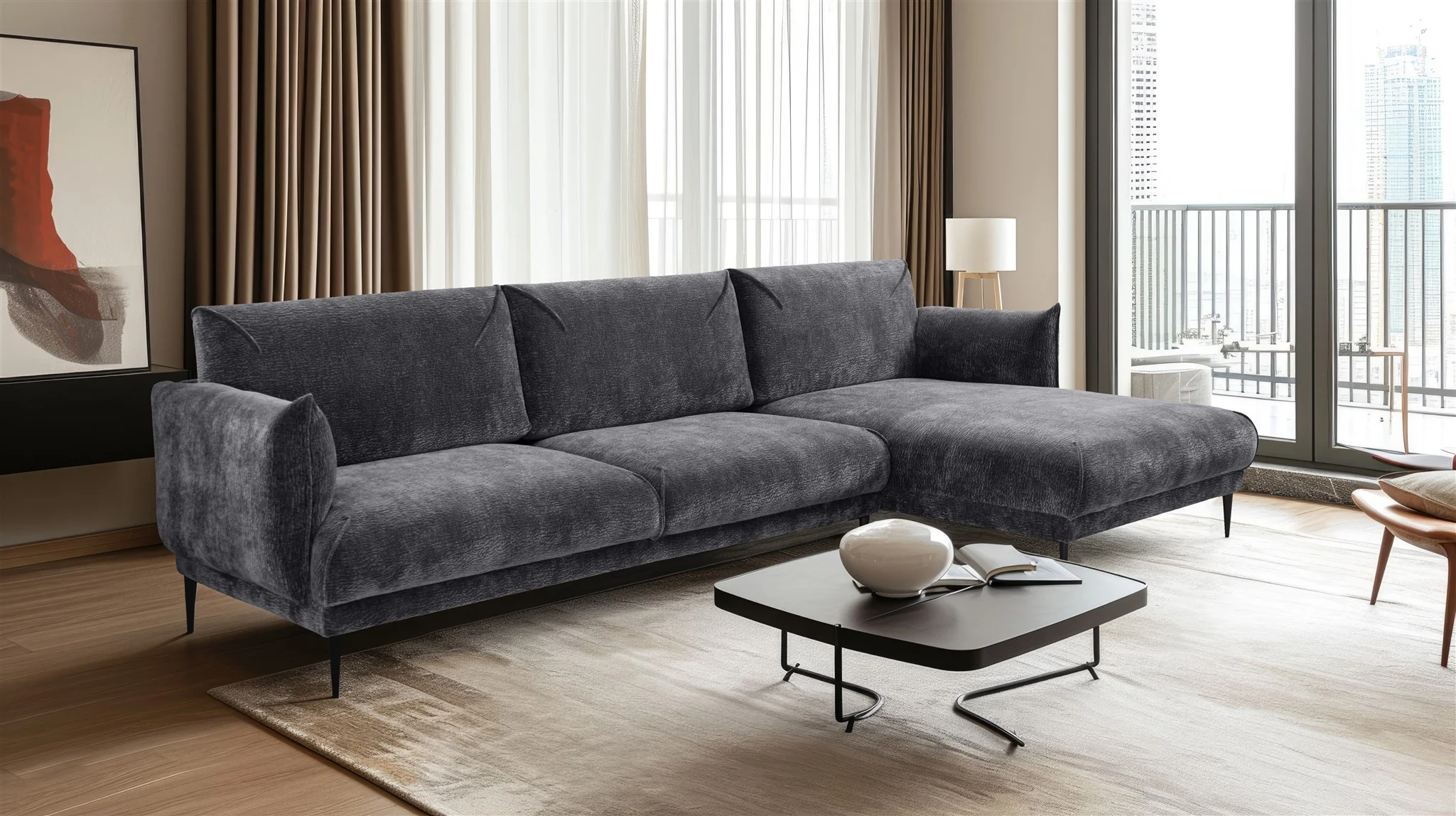 Ecksofa Designersofa MADISON XL in Stoff Dress Me Grau Ottomane Rechts - Fun Möbel