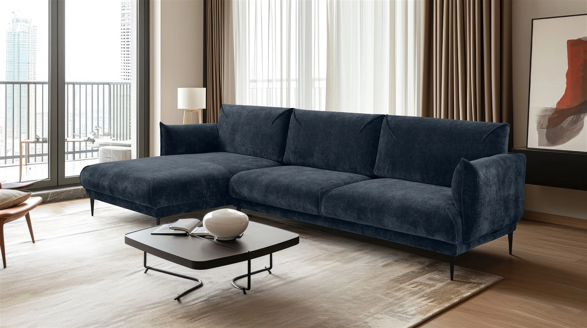 Ecksofa Designersofa MADISON in Stoff Dress Me Blau Ottomane Links - Fun Möbel