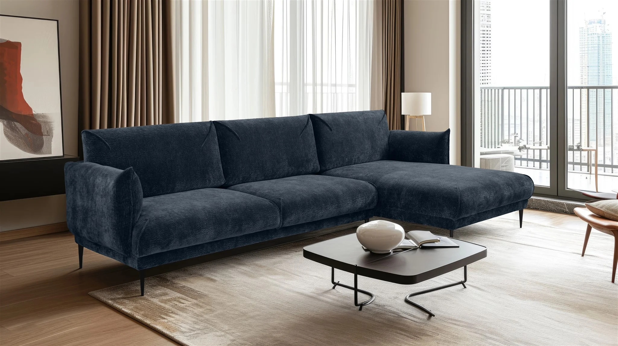 Ecksofa Designersofa MADISON XL in Stoff Dress Me Blau Ottomane Rechts - Fun Möbel