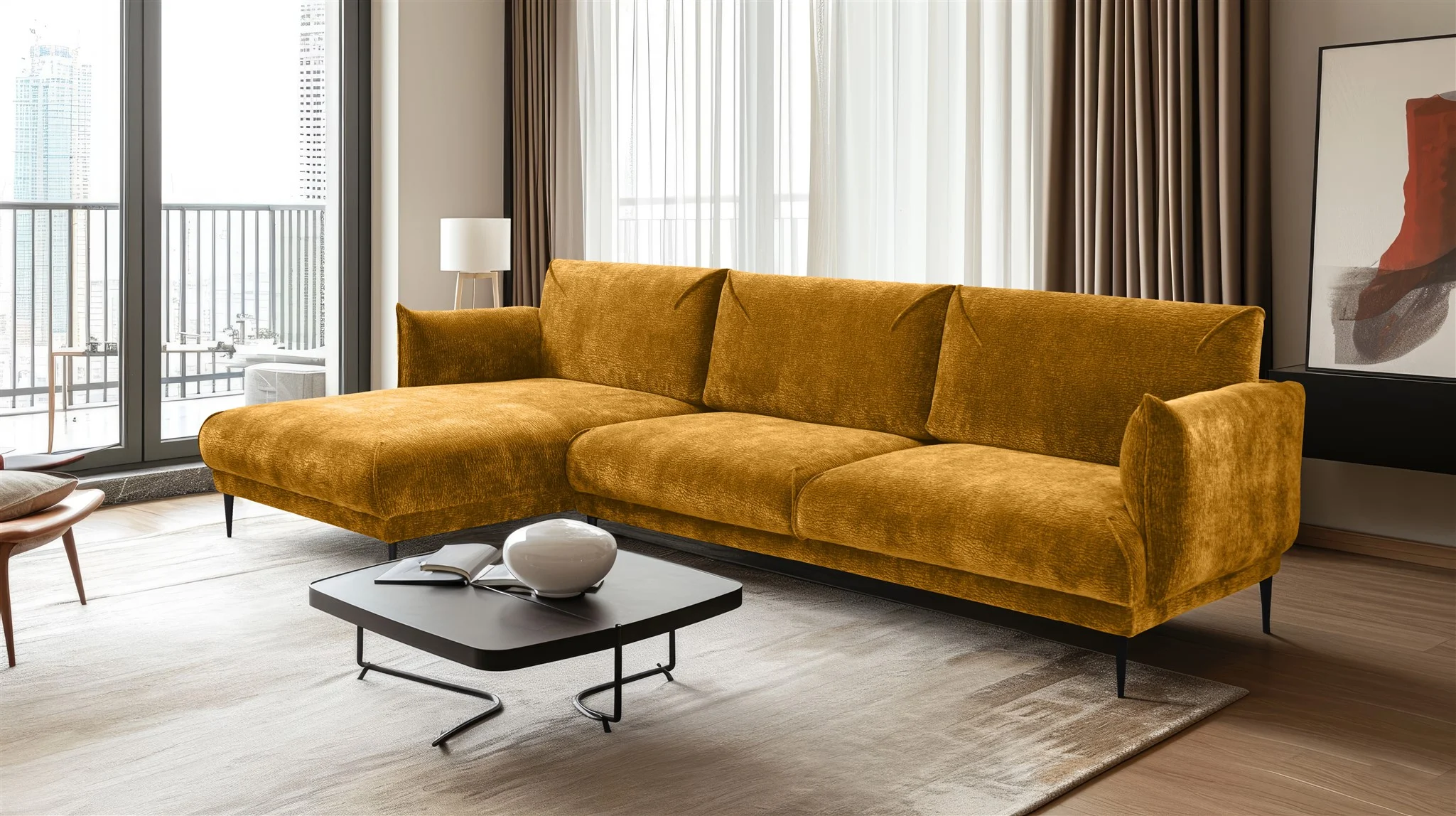 Ecksofa Designersofa MADISON XL in Stoff Dress Me Senfgelb Ottomane Links - Fun Möbel