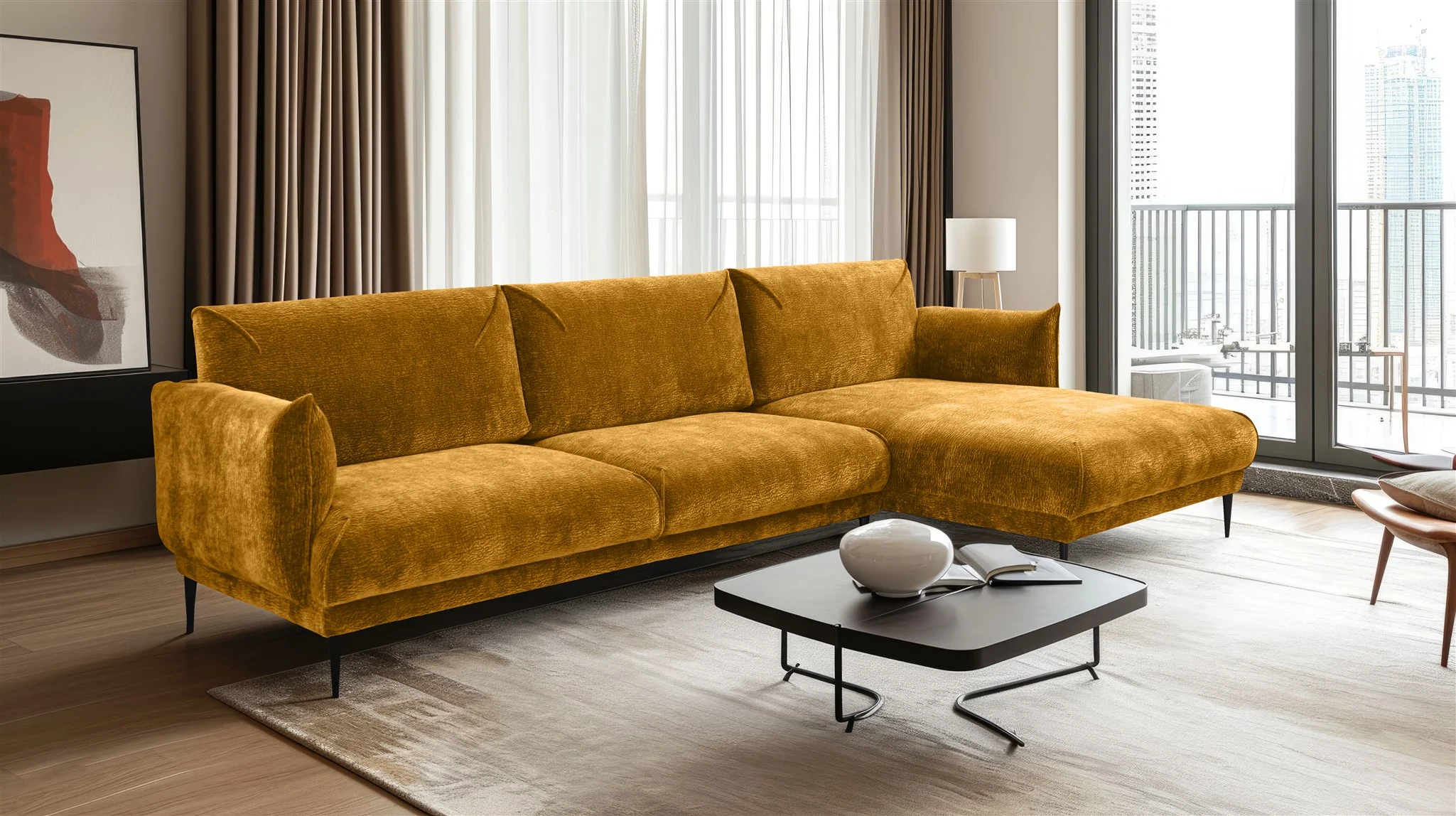Ecksofa Designersofa MADISON XL in Stoff Dress Me Senfgelb Ottomane Rechts - Fun Möbel