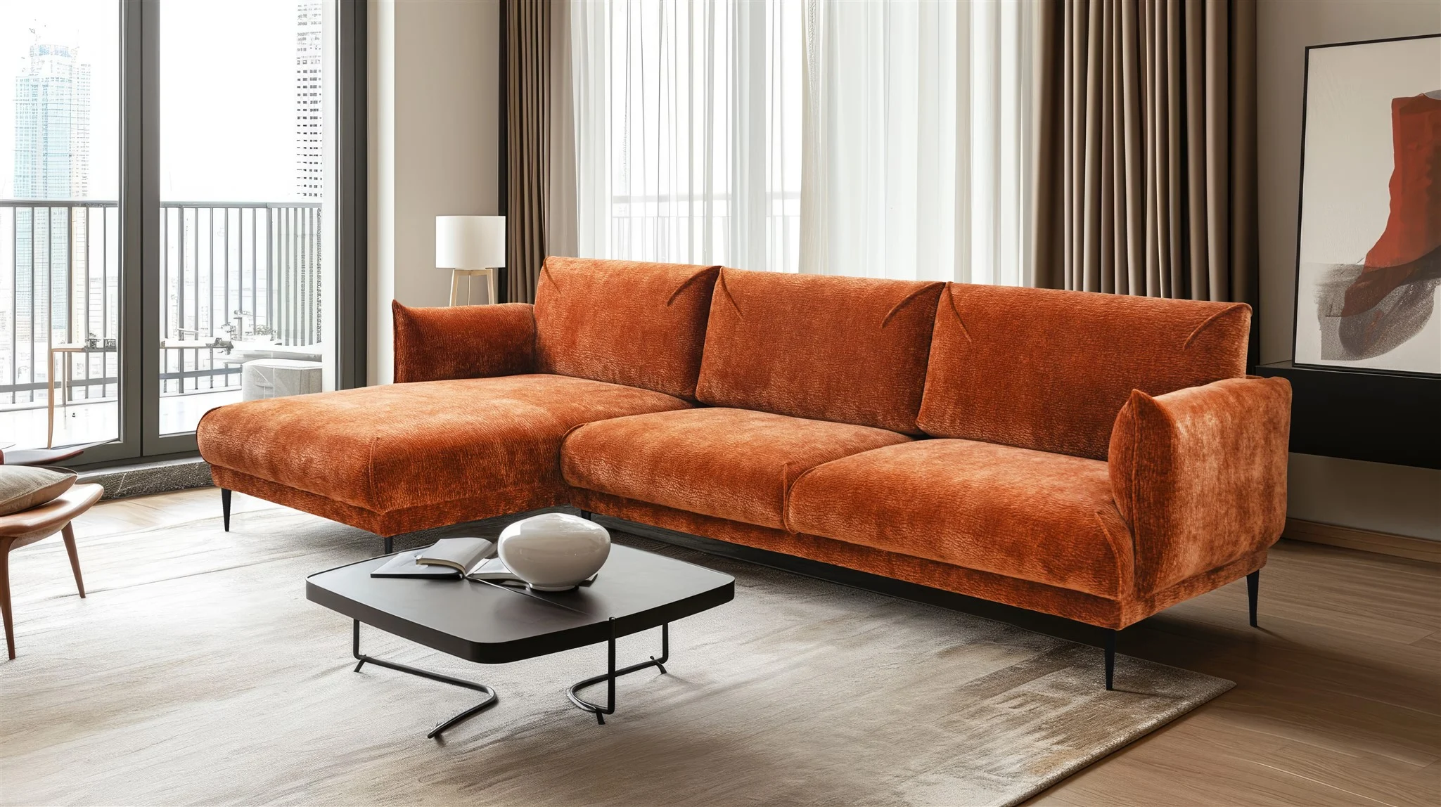 Ecksofa Designersofa MADISON XL in Stoff Dress Me Kupfer Ottomane Links - Fun Möbel
