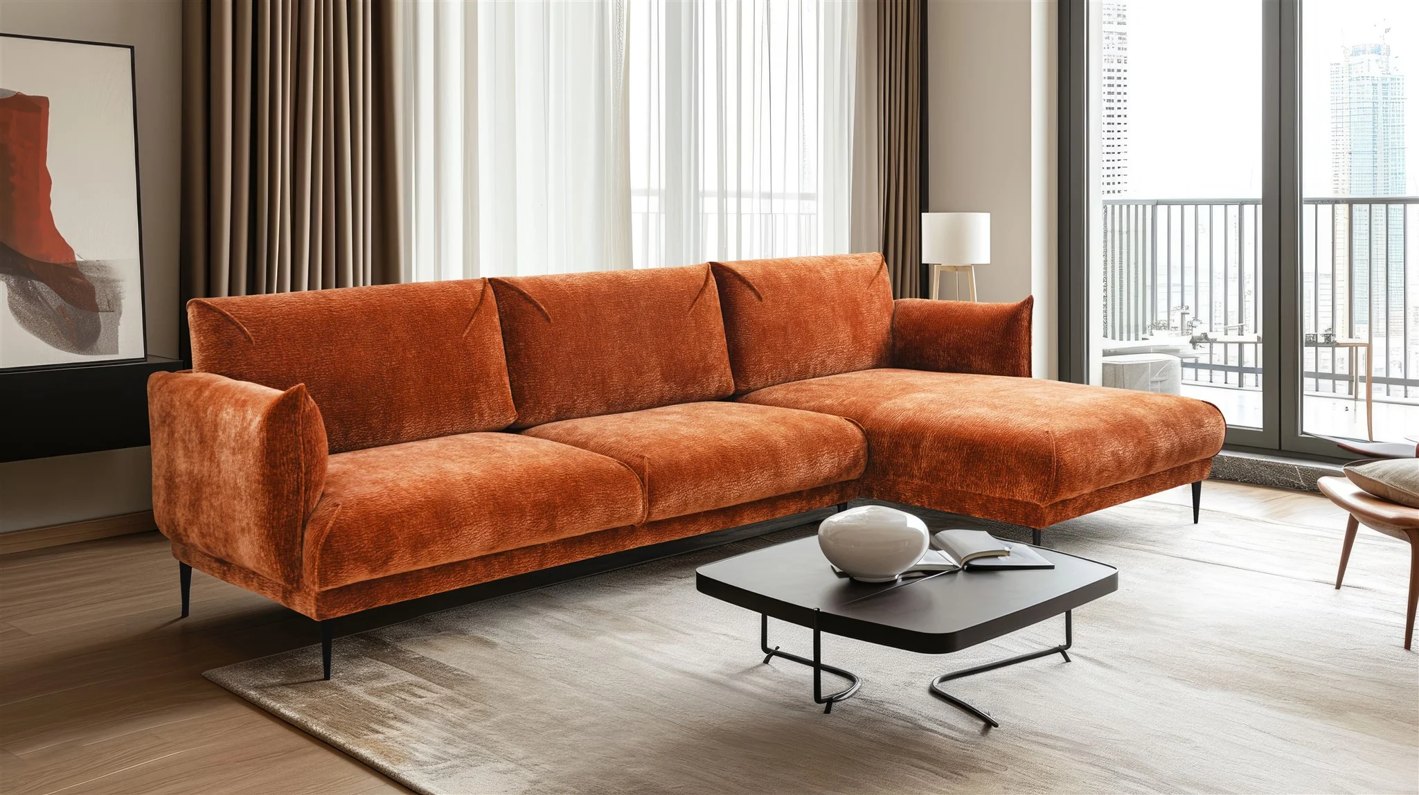 Ecksofa Designersofa MADISON XL in Stoff Dress Me Kupfer Ottomane Rechts - Fun Möbel