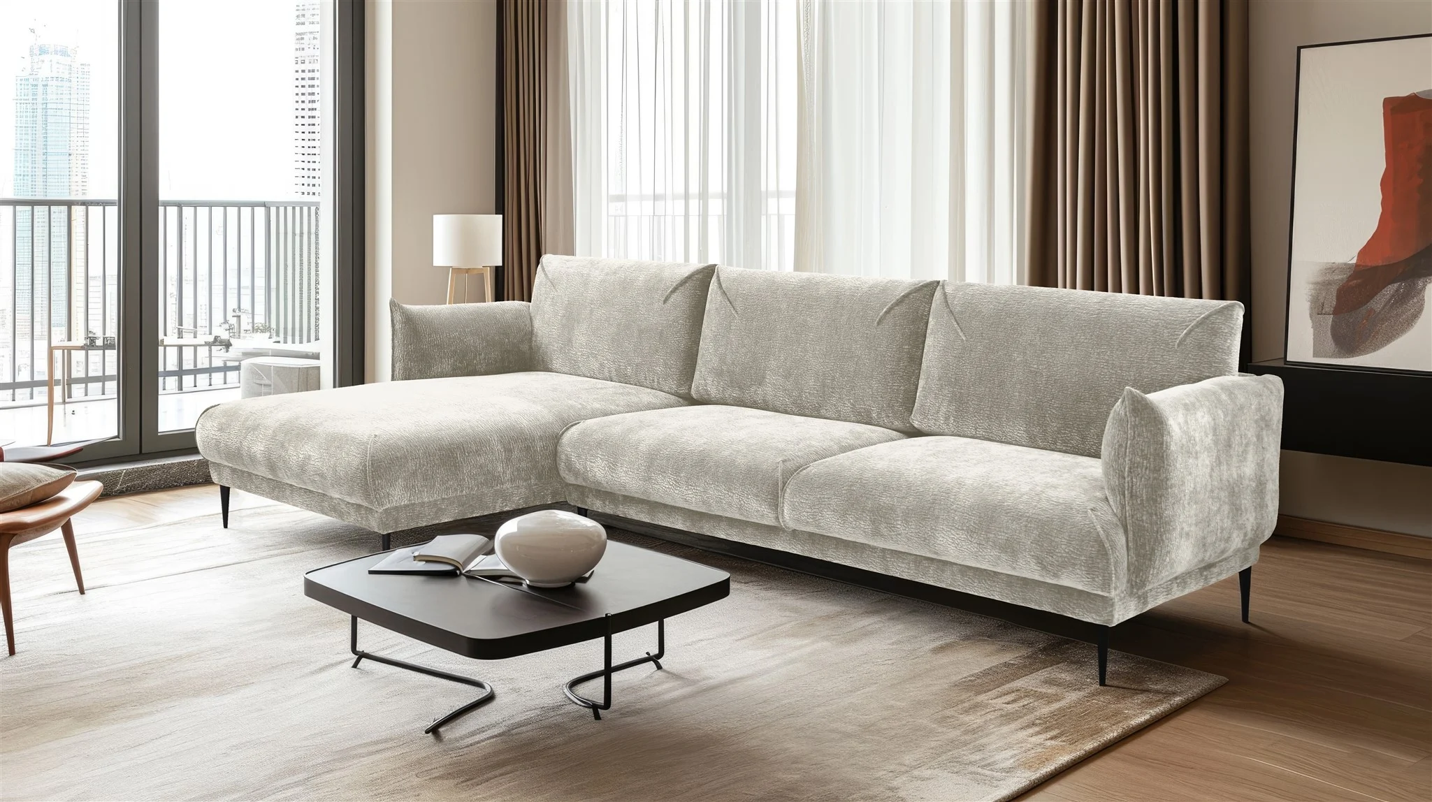 Ecksofa Designersofa MADISON in Stoff Dress Me Creme Ottomane Links - Fun Möbel
