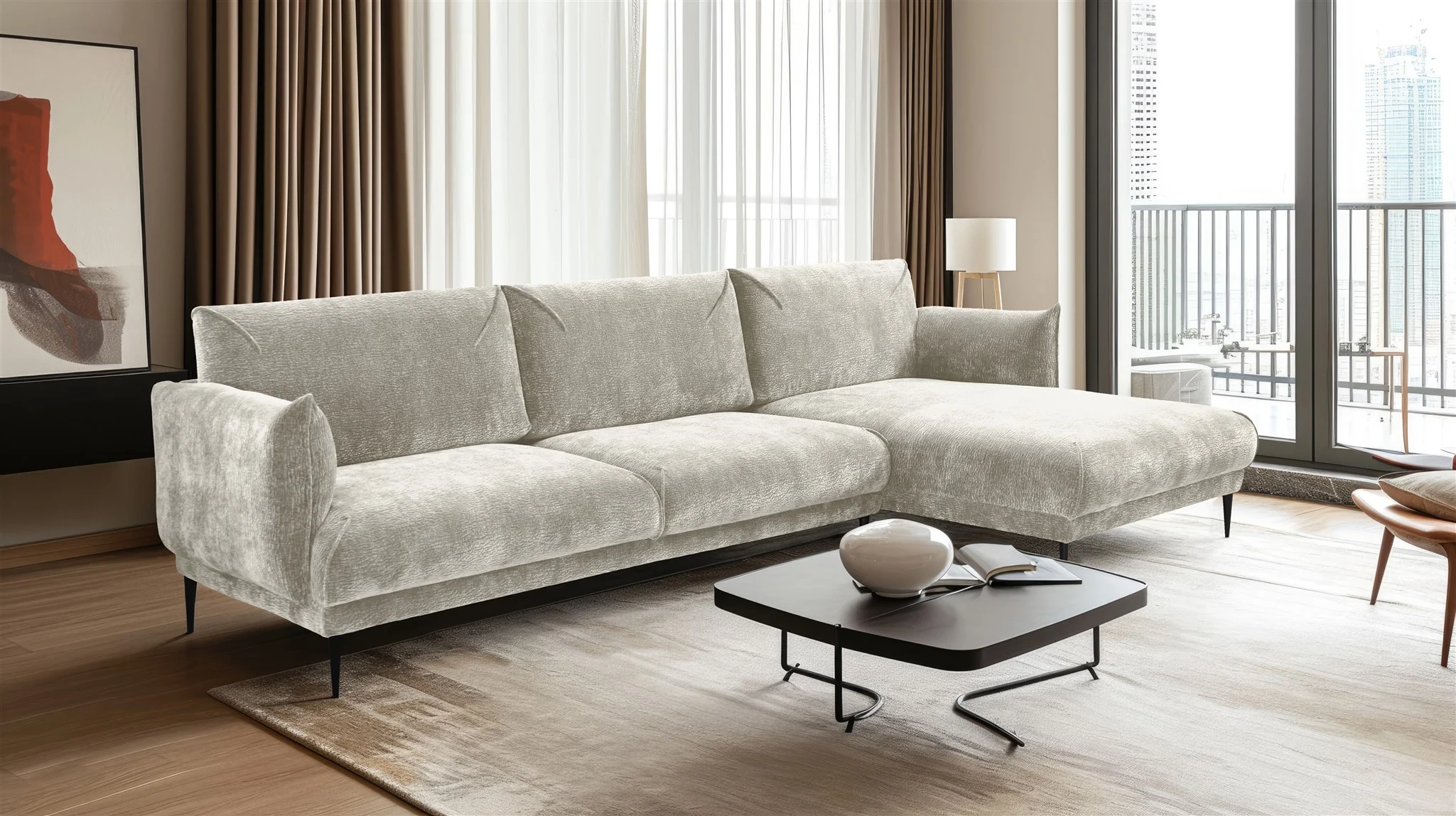 Ecksofa Designersofa MADISON XL in Stoff Dress Me Creme Ottomane Rechts - Fun Möbel