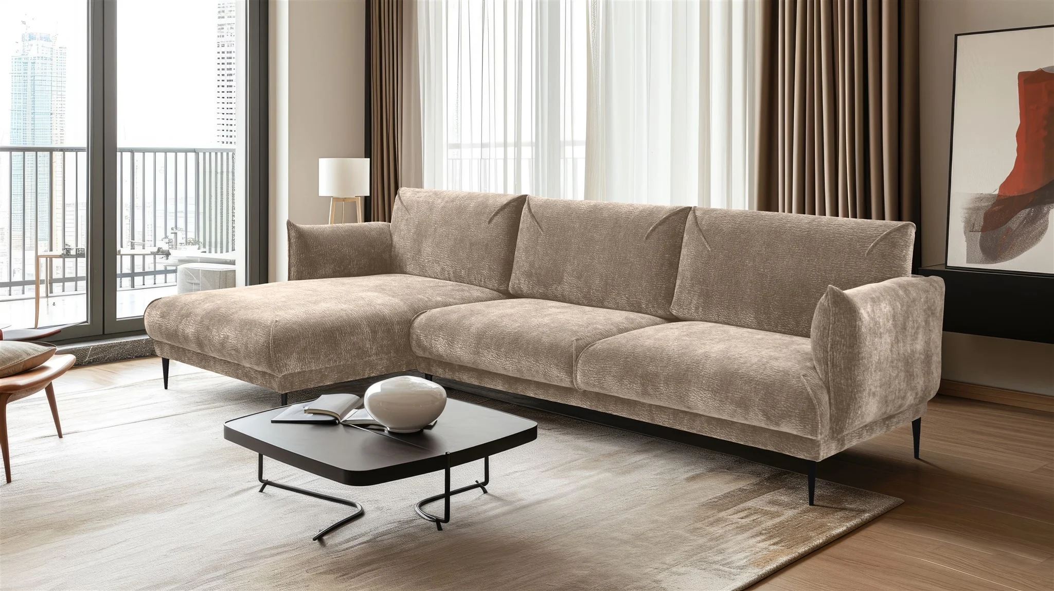 Ecksofa Designersofa MADISON XL in Stoff Dress Me Beige Ottomane Links - Fun Möbel