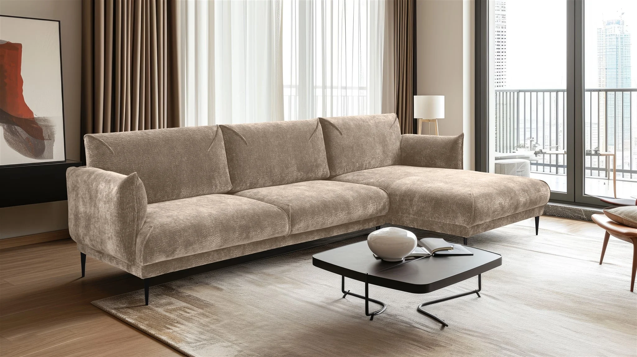Ecksofa Designersofa MADISON in Stoff Dress Me Beige Ottomane Rechts - Fun Möbel