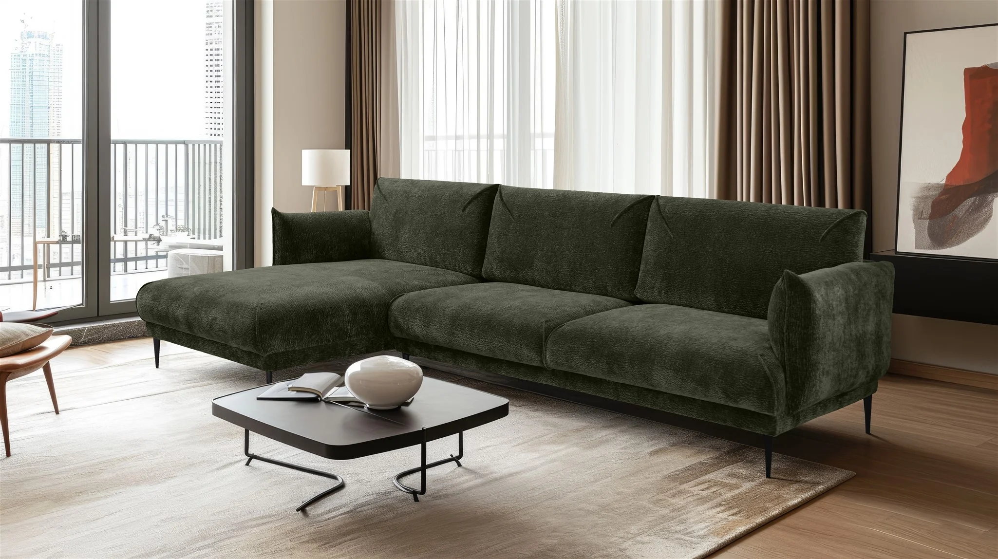 Ecksofa Designersofa MADISON XL in Stoff Dress Me Grün Ottomane Links - Fun Möbel