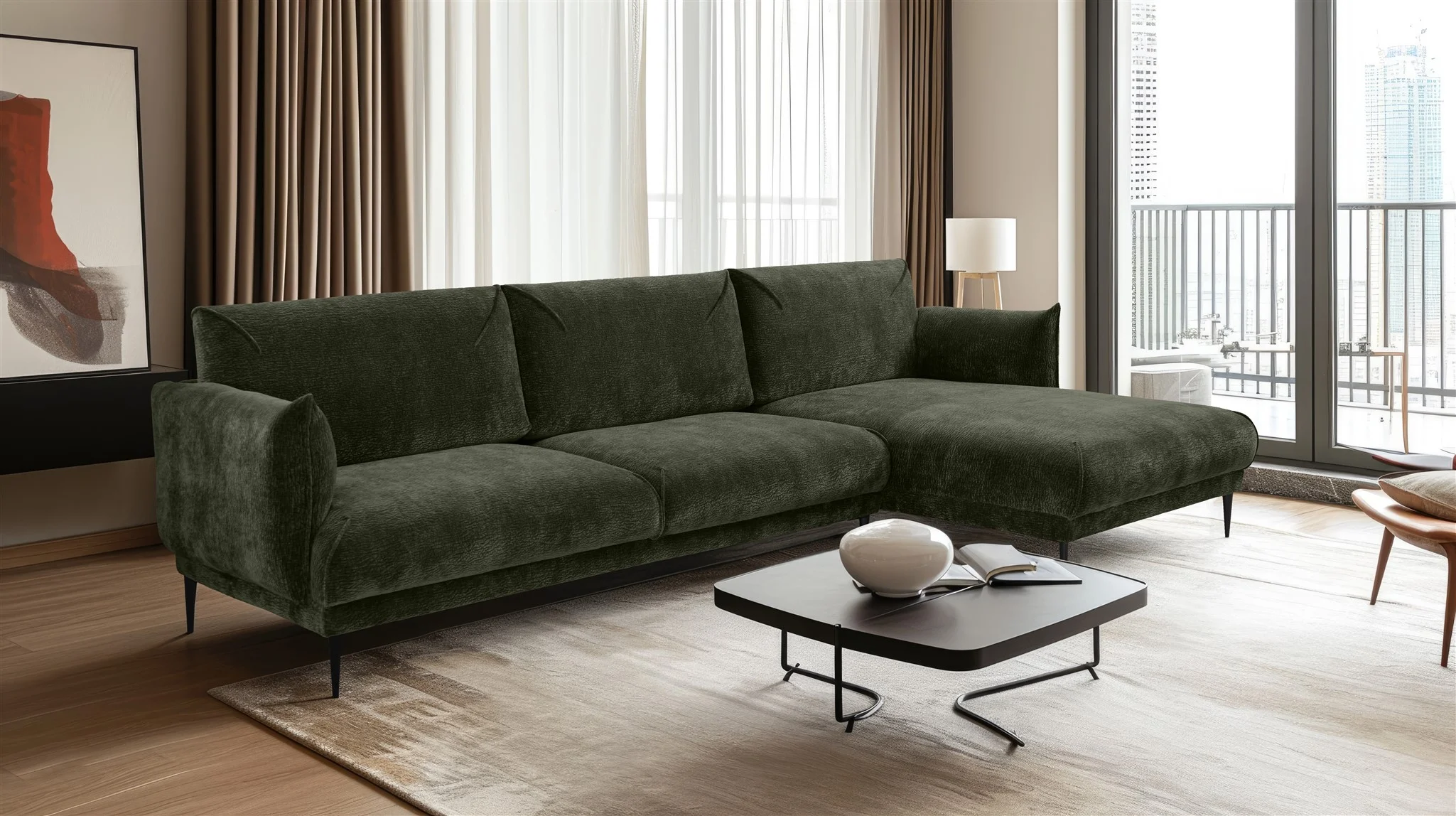 Ecksofa Designersofa MADISON XL in Stoff Dress Me Grün Ottomane Rechts - Fun Möbel