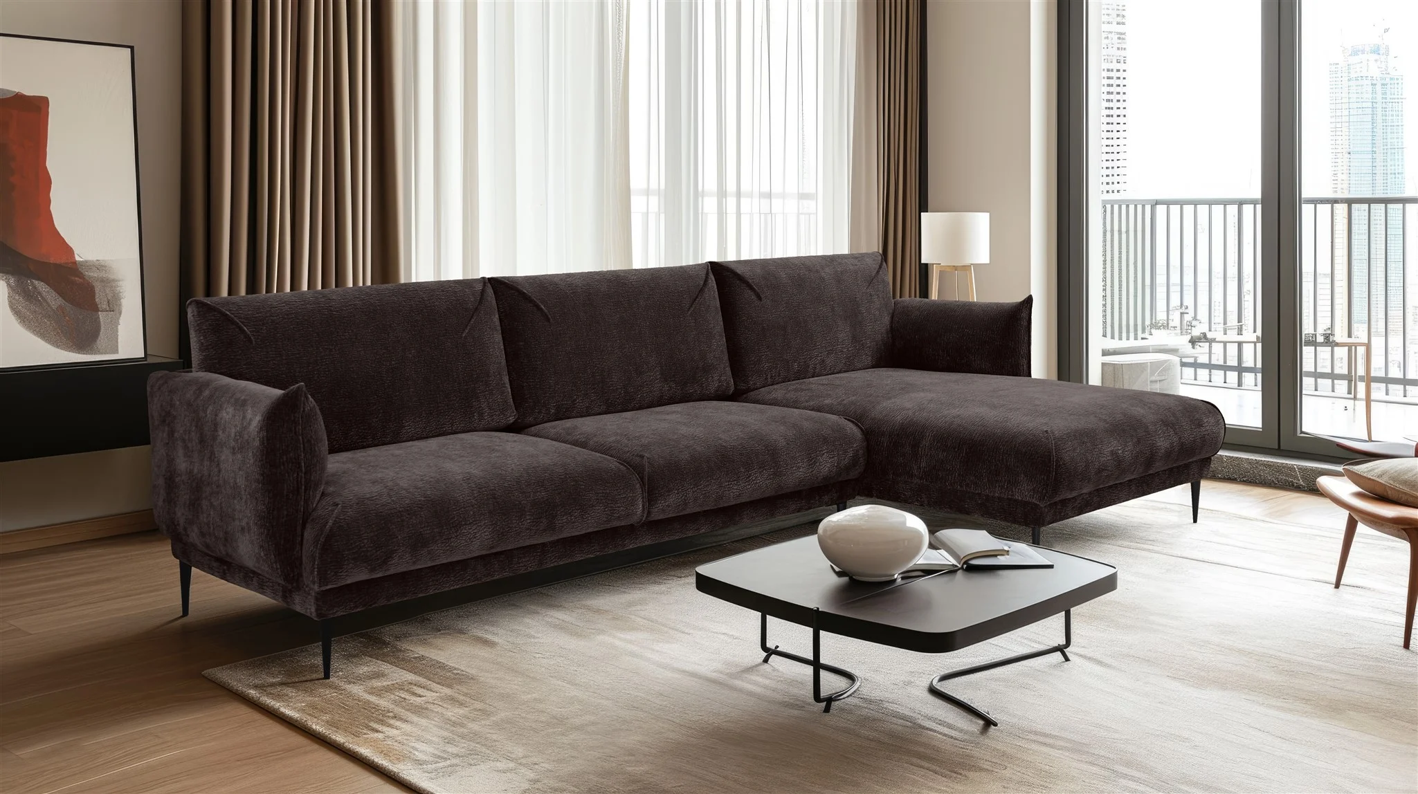 Ecksofa Designersofa MADISON in Stoff Dress Me Braun Ottomane Rechts - Fun Möbel