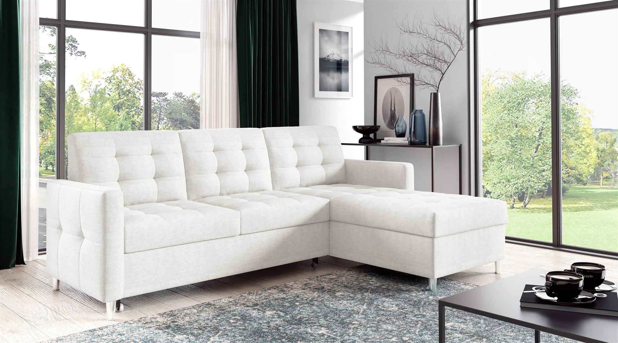 Ecksofa Sofa NURI Stoff Luis Creme mit Schlaffunktion Ottomane Rechts - Fun Möbel