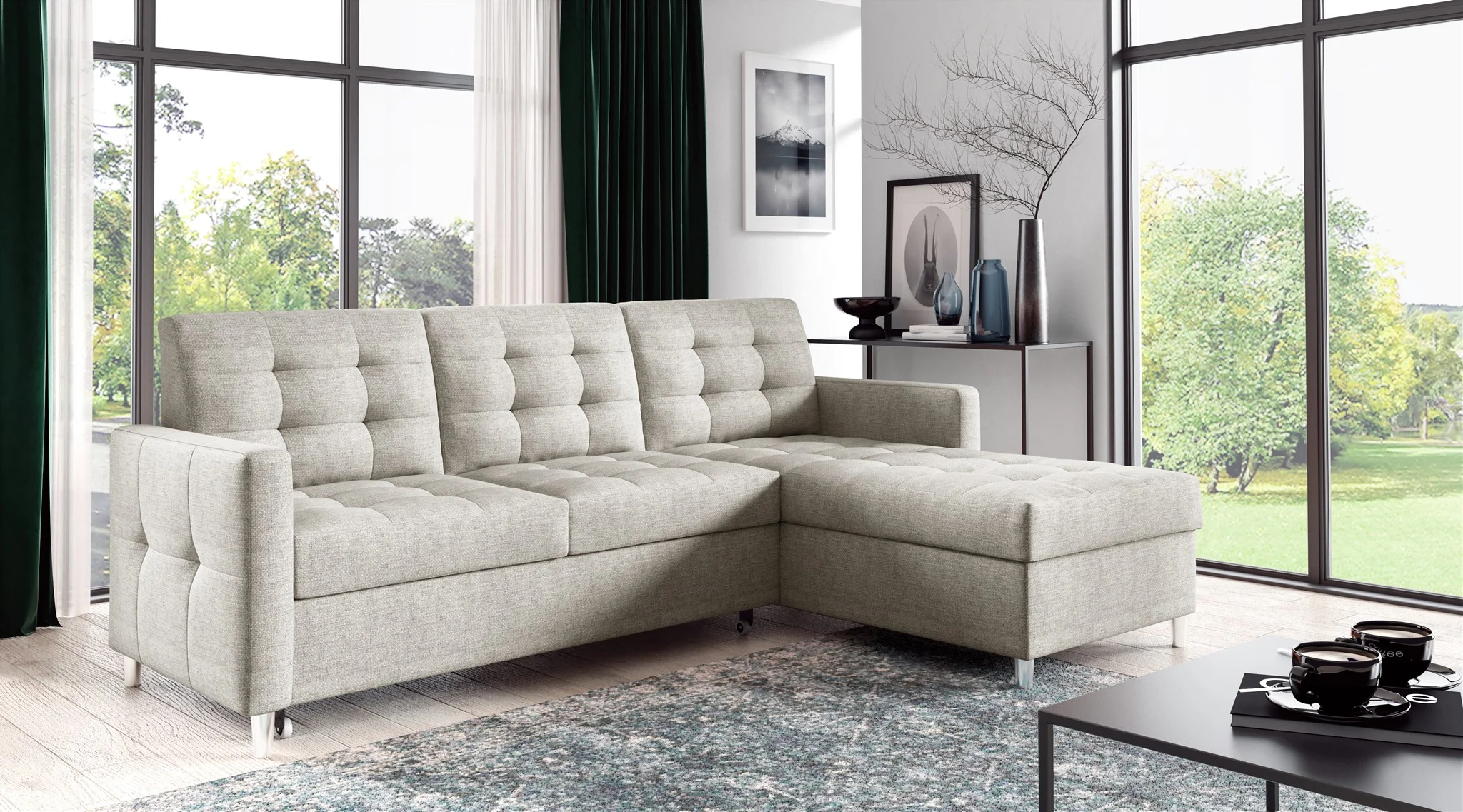 Ecksofa Sofa NURI Stoff Luis Beige mit Schlaffunktion Ottomane Rechts - Fun Möbel