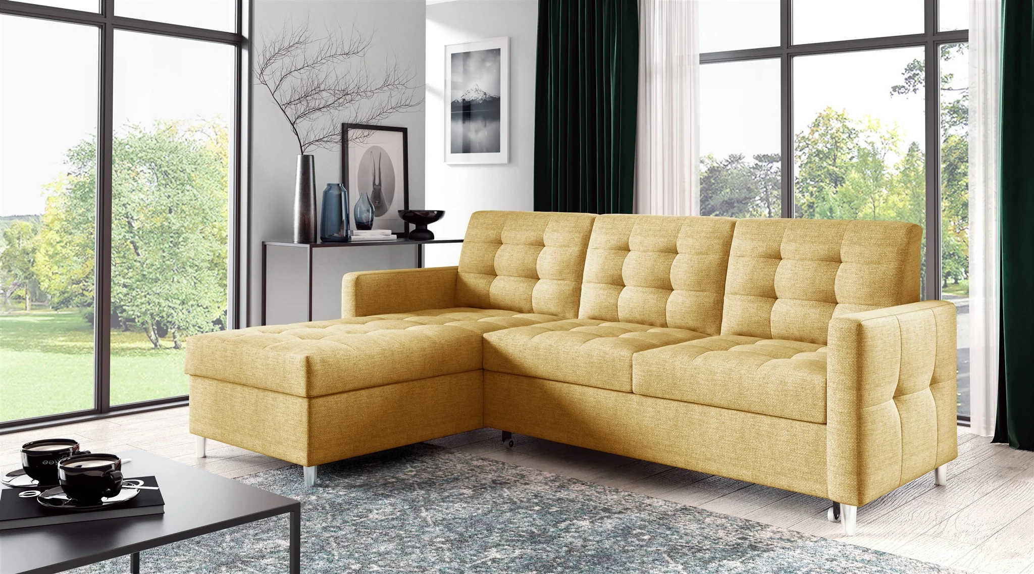Ecksofa Sofa NURI Stoff Luis Gelb mit Schlaffunktion Ottomane Links - Fun Möbel