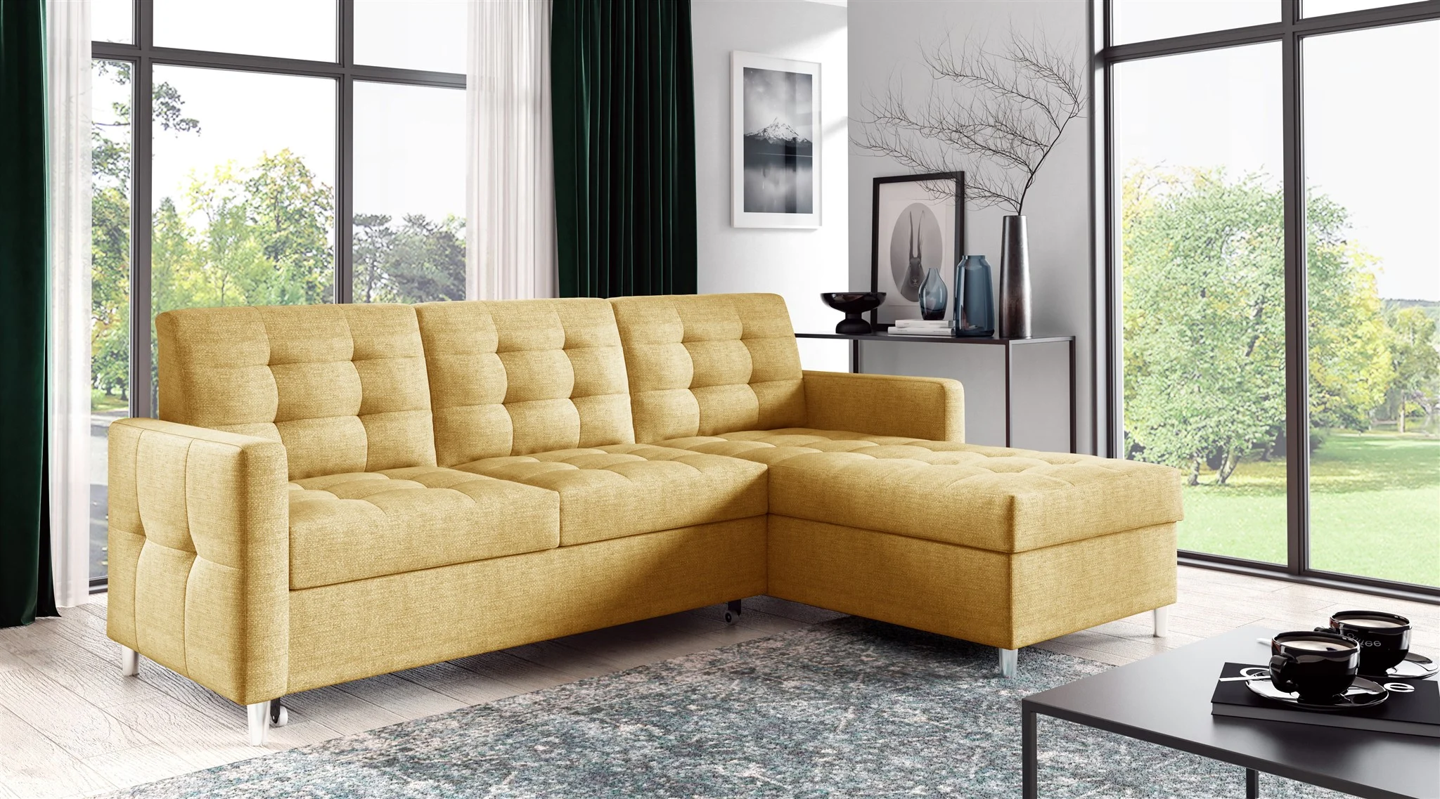 Ecksofa Sofa NURI Stoff Luis Gelb mit Schlaffunktion Ottomane Rechts - Fun Möbel