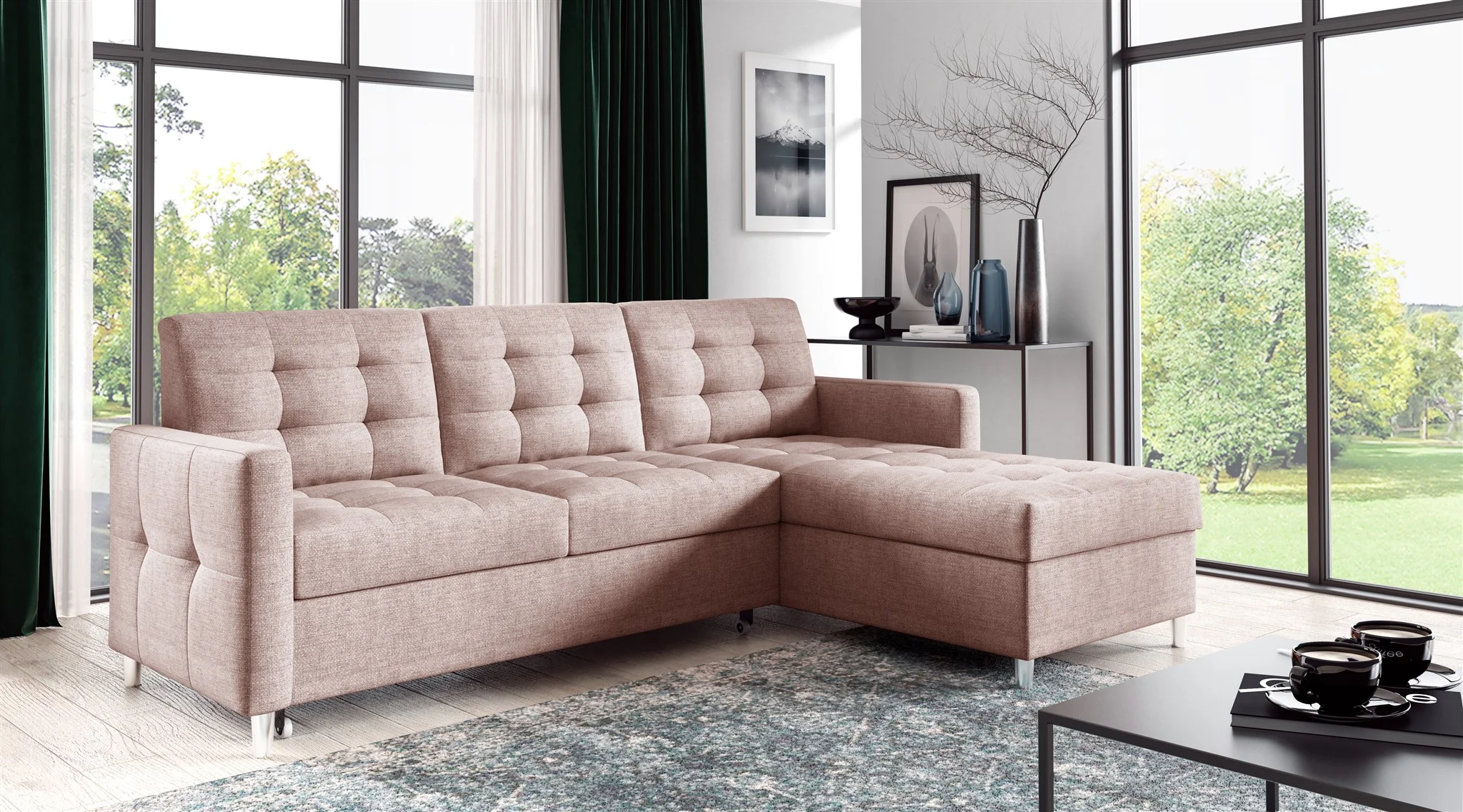 Ecksofa Sofa NURI Stoff Luis Rose mit Schlaffunktion Ottomane Rechts - Fun Möbel