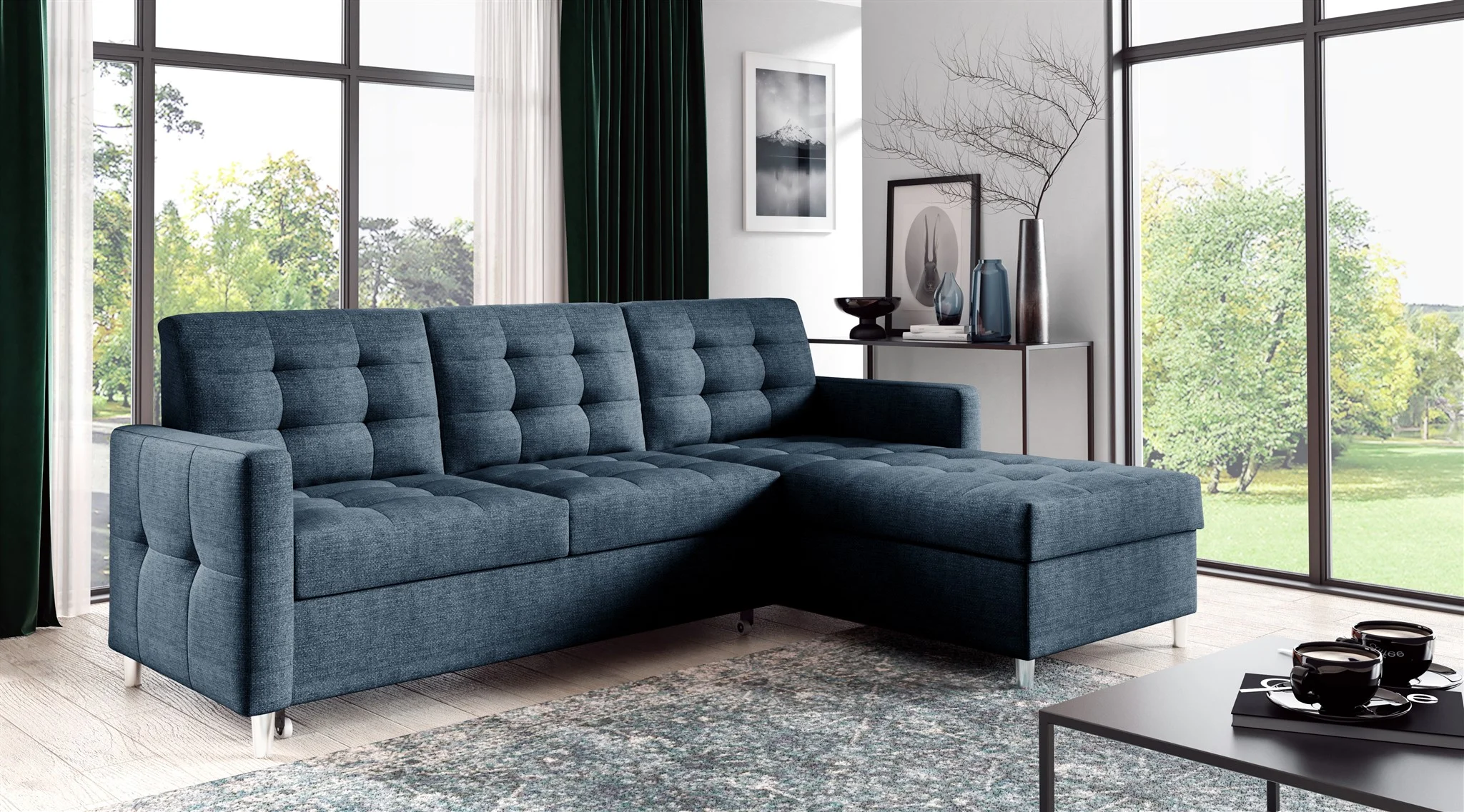 Ecksofa Sofa NURI Stoff Luis Blau mit Schlaffunktion Ottomane Rechts - Fun Möbel