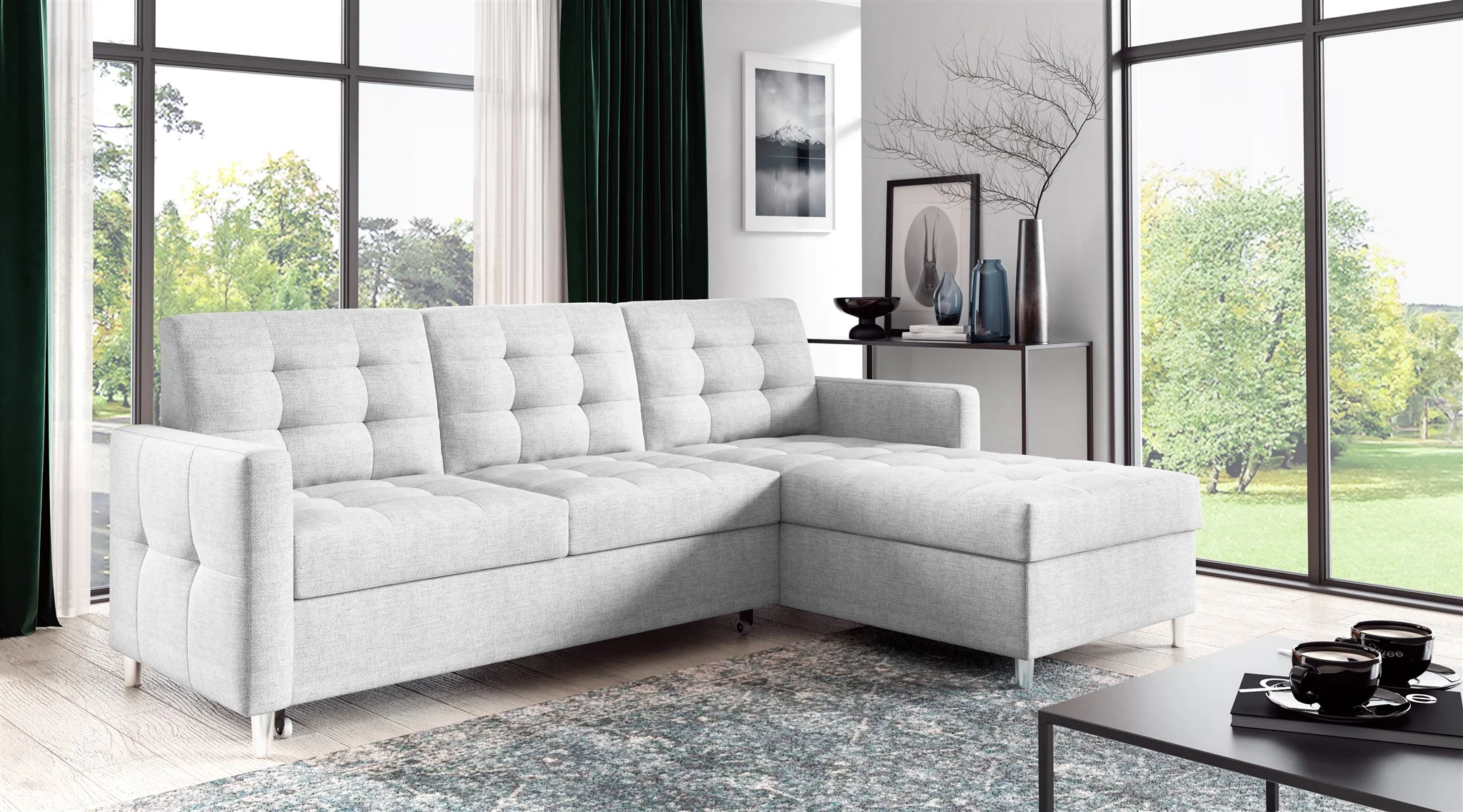 Ecksofa Sofa NURI Stoff Luis Hellgrau mit Schlaffunktion Ottomane Rechts - Fun Möbel