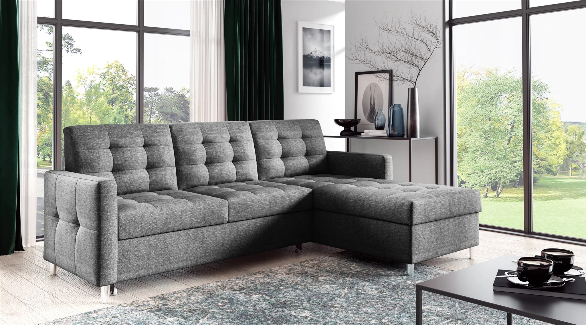 Ecksofa Sofa NURI Stoff Luis Graphit mit Schlaffunktion Ottomane Rechts - Fun Möbel