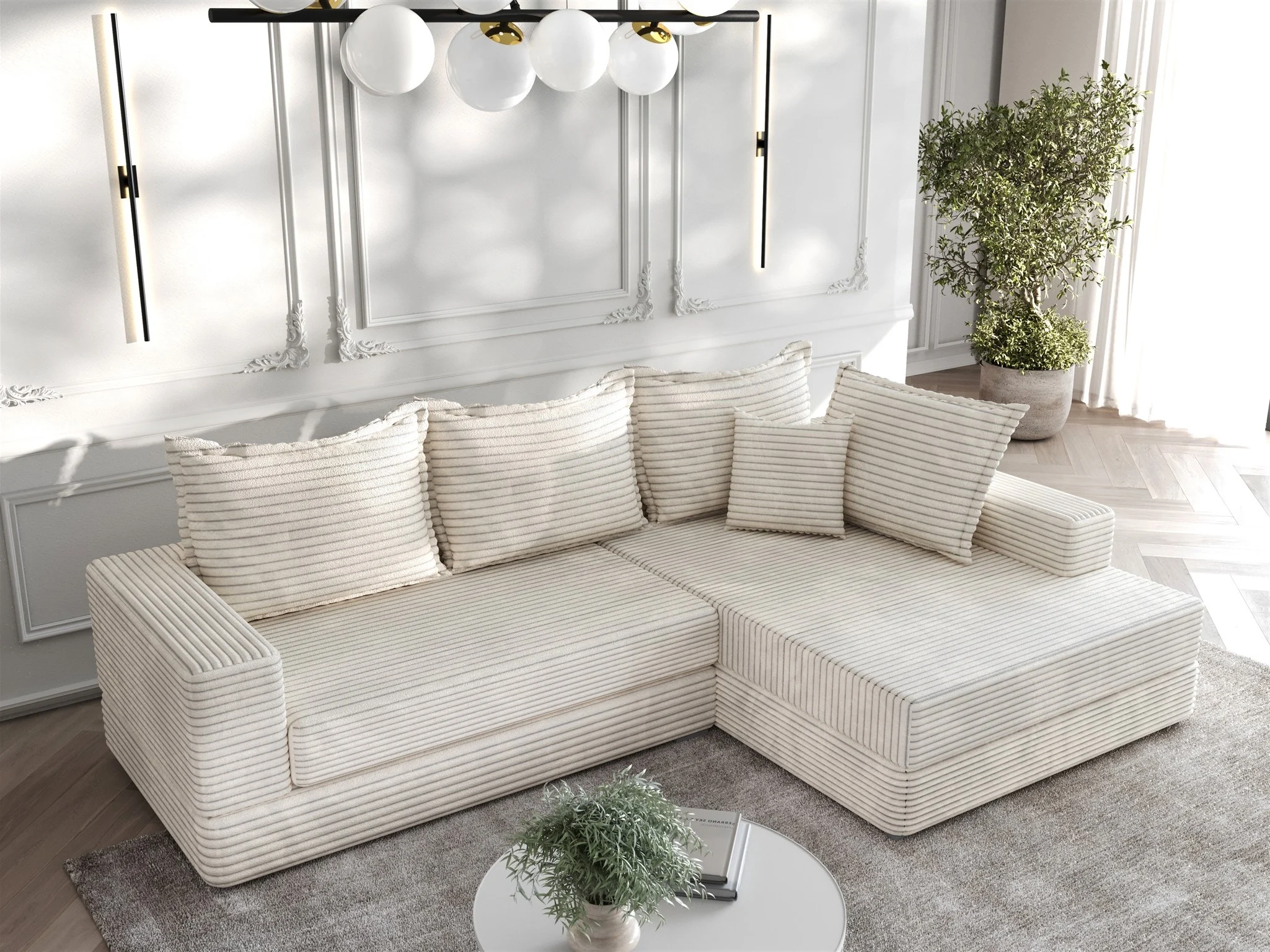 Ecksofa Couchgarnitur Sofa OSKAR in Stoff Tilia Creme Ottomane Rechts - Fun Möbel