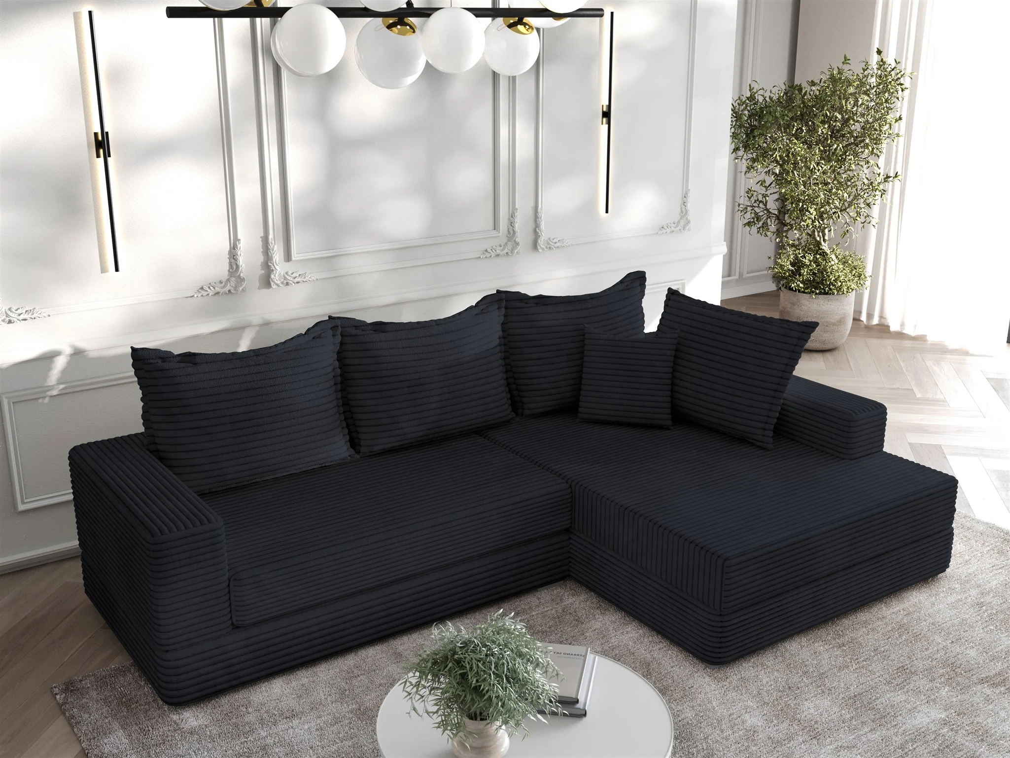 Ecksofa Couchgarnitur Sofa OSKAR in Stoff Tilia Schwarz Ottomane Rechts - Fun Möbel