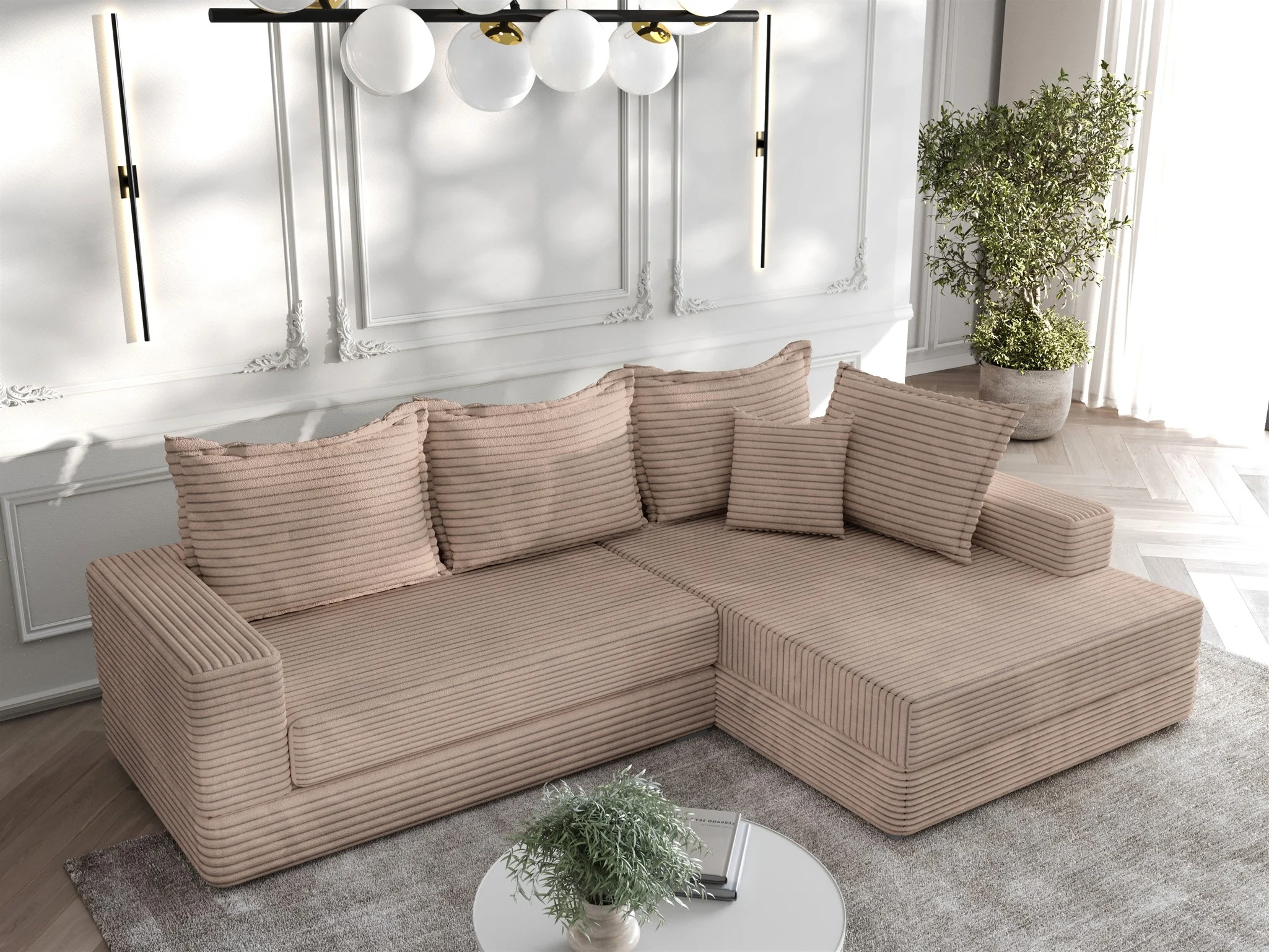 Ecksofa Couchgarnitur Sofa OSKAR in Stoff Tilia Hellbraun Ottomane Rechts - Fun Möbel