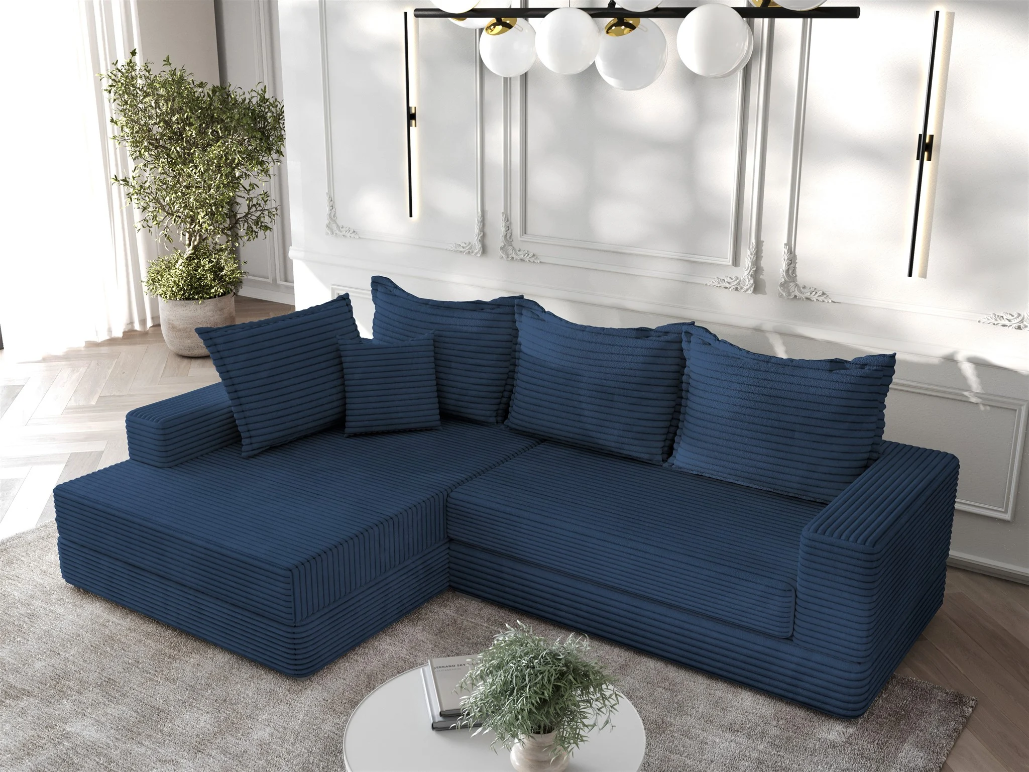 Ecksofa Couchgarnitur Sofa OSKAR in Stoff Tilia Dunkelblau Ottomane Links - Fun Möbel
