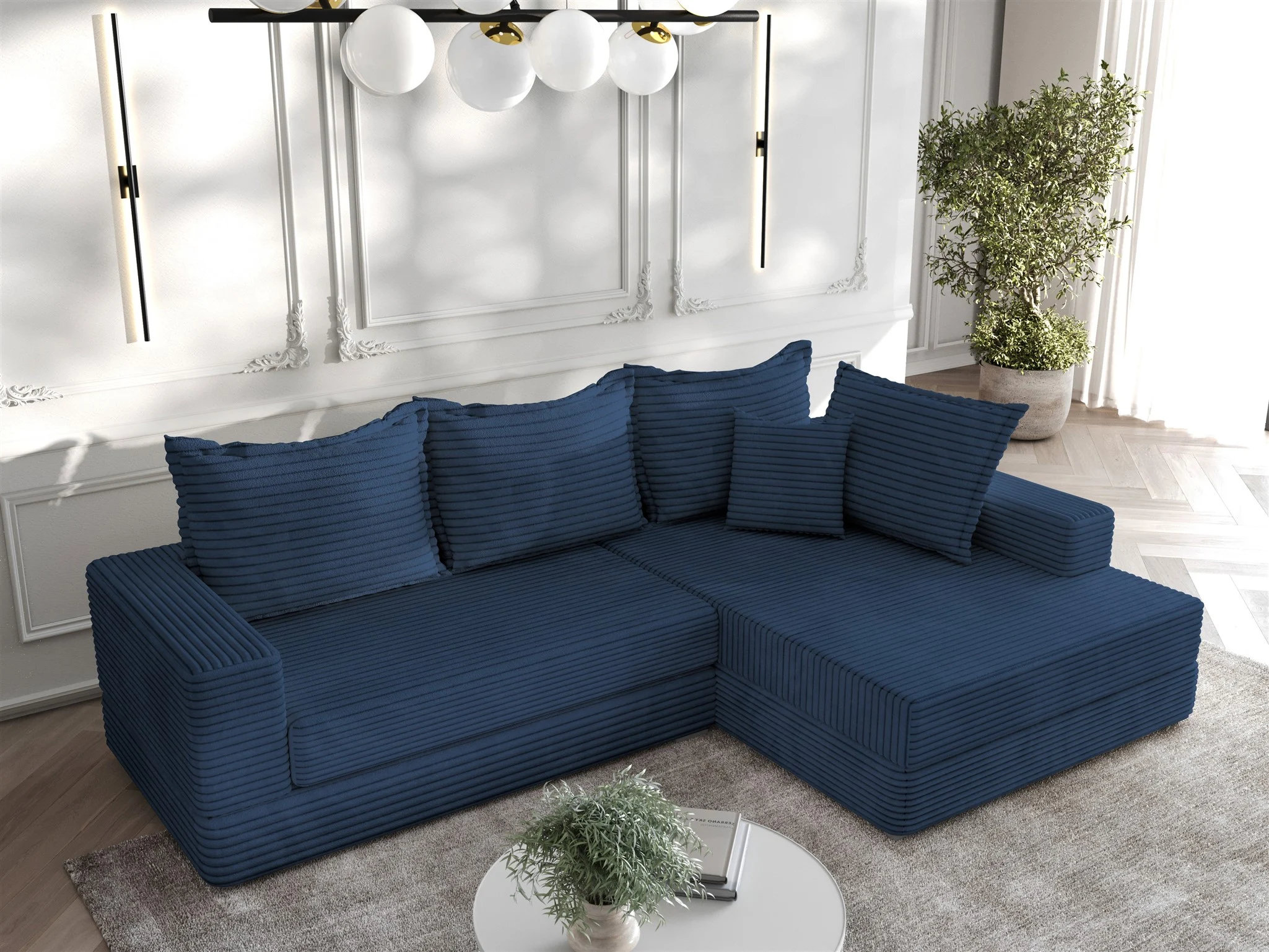 Ecksofa Couchgarnitur Sofa OSKAR in Stoff Tilia Dunkelblau Ottomane Rechts - Fun Möbel