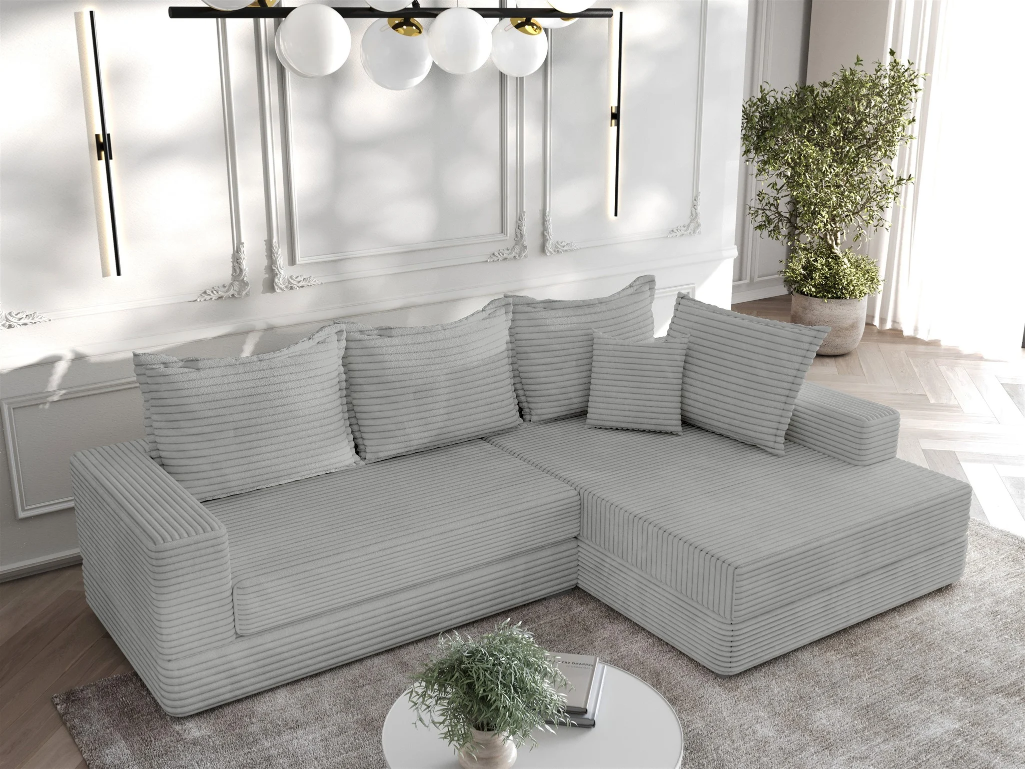 Ecksofa Couchgarnitur Sofa OSKAR in Stoff Tilia Hellgrau Ottomane Rechts - Fun Möbel