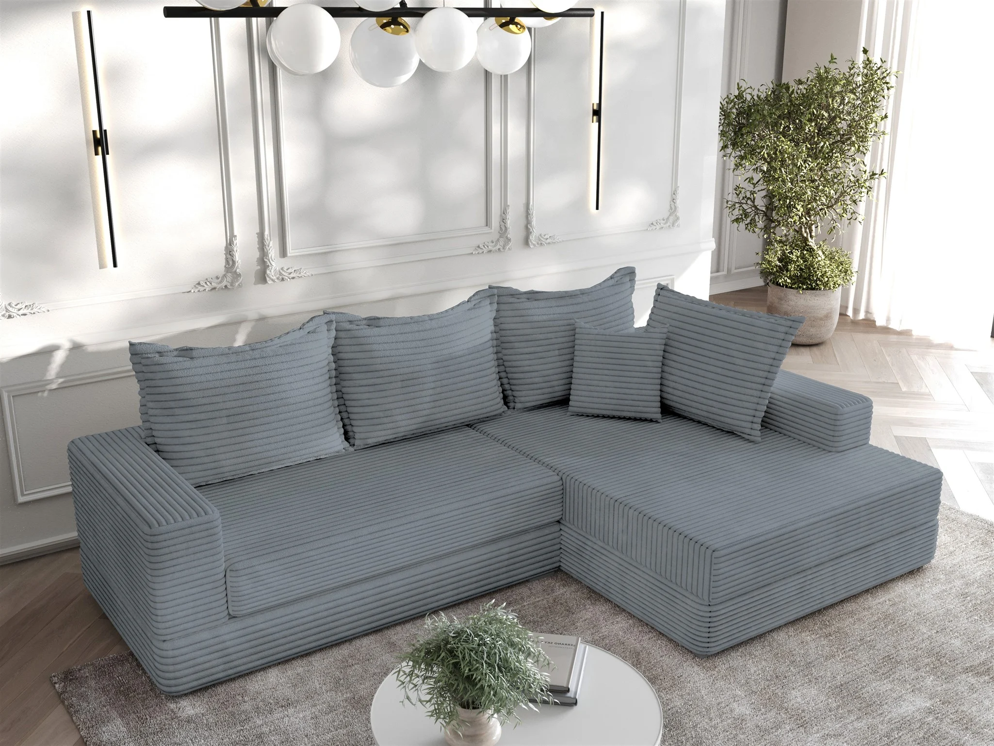Ecksofa Couchgarnitur Sofa OSKAR in Stoff Tilia Grau Ottomane Rechts - Fun Möbel