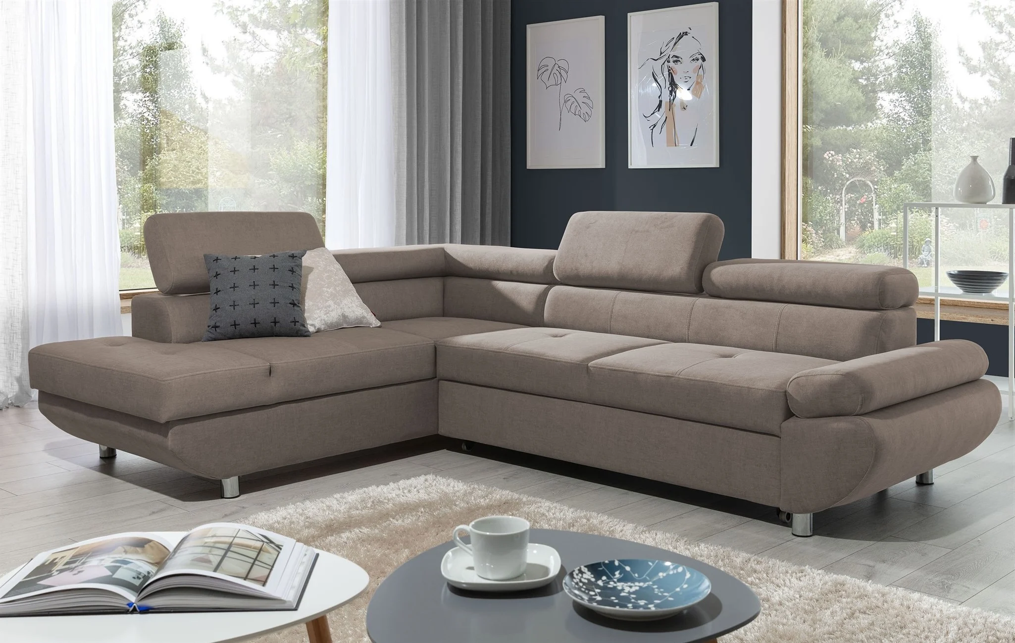 Ecksofa Sofa PANOS Stoff Esito Dunkelbeige mit Schlaffunktion Ottomane Links - Fun Möbel