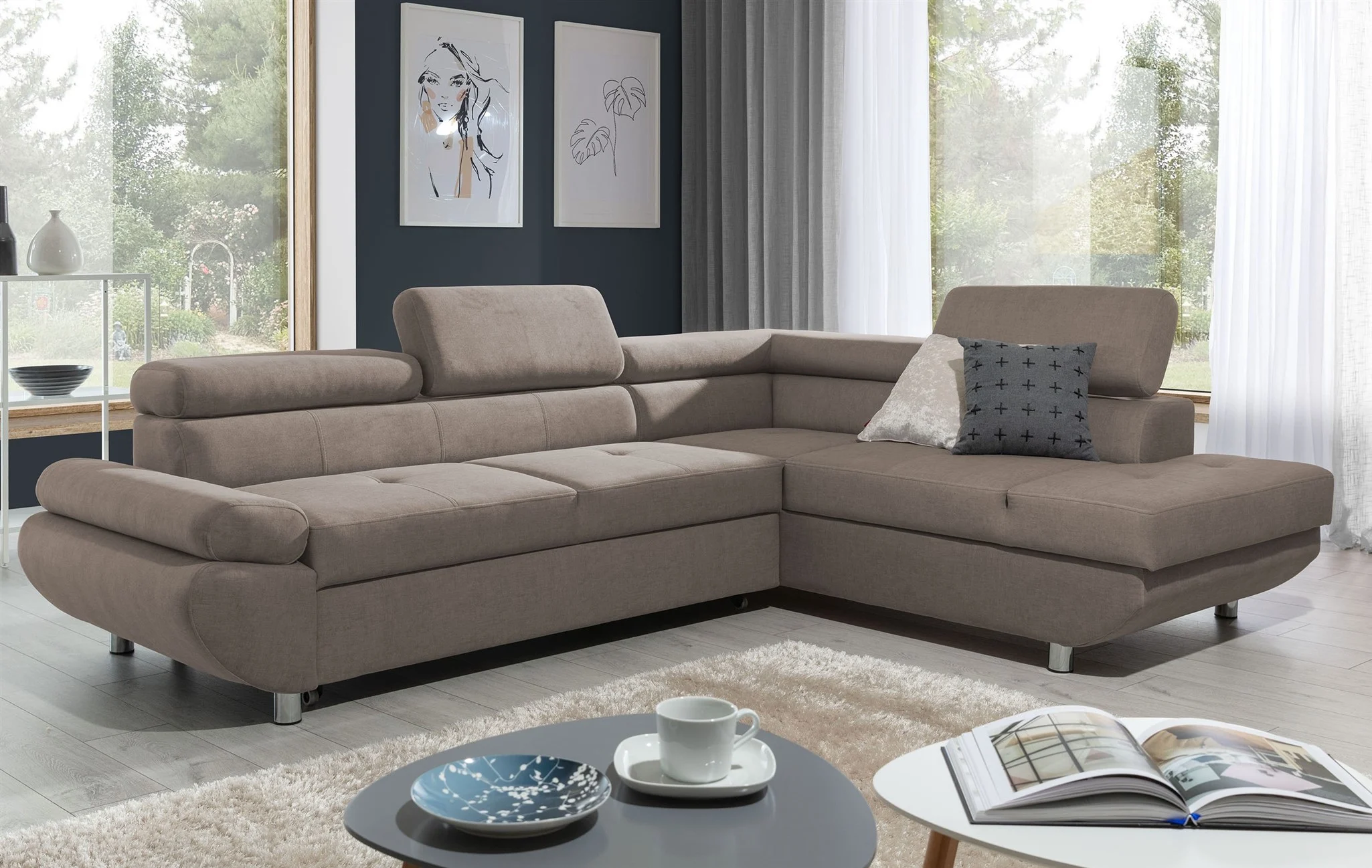 Ecksofa Sofa PANOS Stoff Esito Dunkelbeige mit Schlaffunktion Ottomane Rechts - Fun Möbel