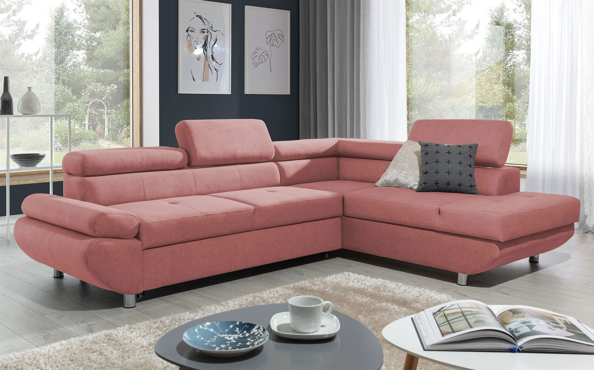 Ecksofa Sofa PANOS Stoff Esito Rosa mit Schlaffunktion Ottomane Rechts - Fun Möbel