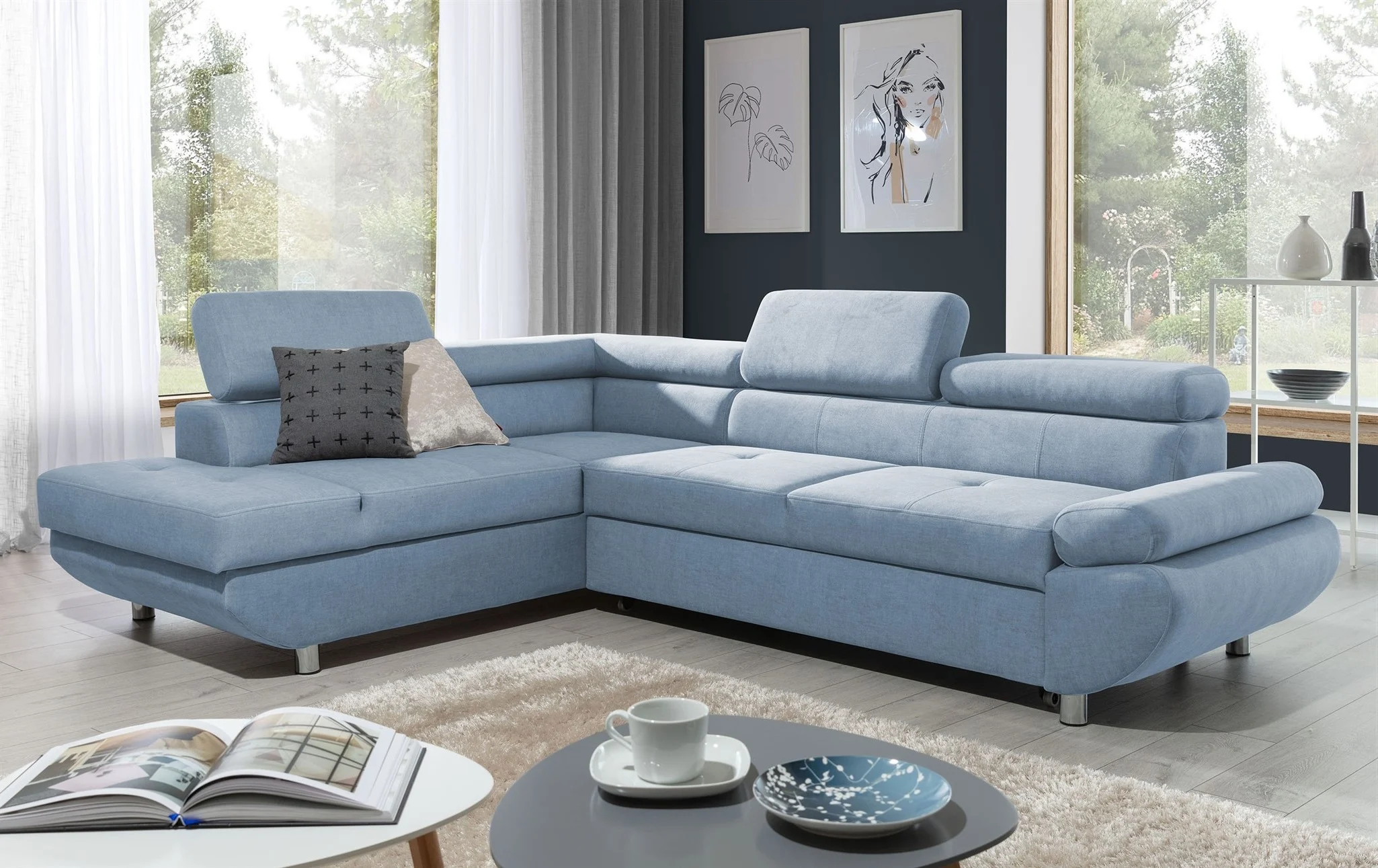 Ecksofa Sofa PANOS Stoff Esito Sky mit Schlaffunktion Ottomane Links - Fun Möbel