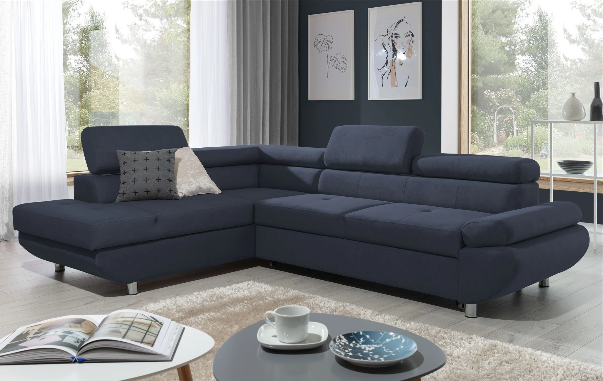 Ecksofa Sofa PANOS Stoff Esito Dunkelblau mit Schlaffunktion Ottomane Links - Fun Möbel