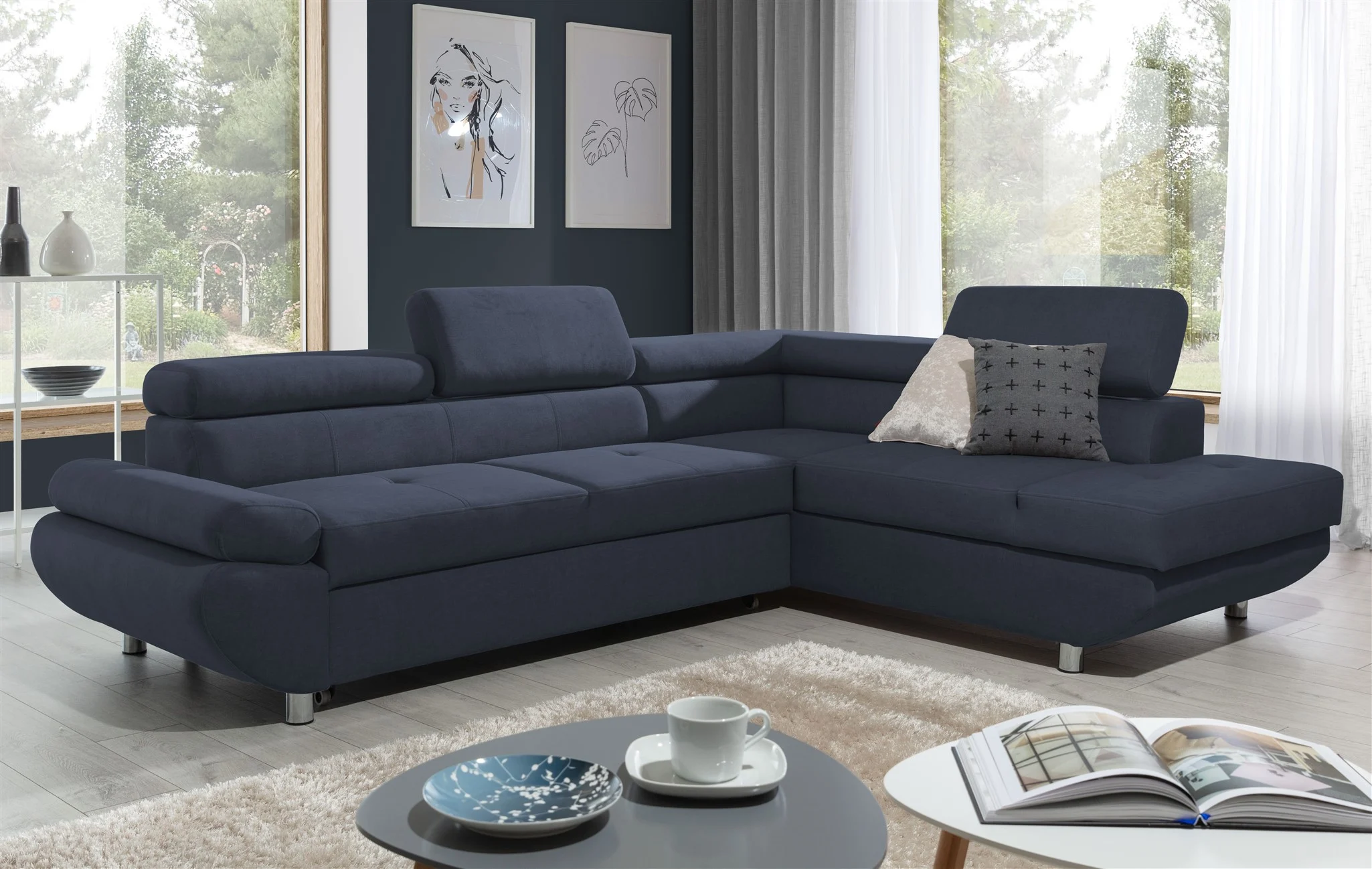 Ecksofa Sofa PANOS Stoff Esito Dunkelblau mit Schlaffunktion Ottomane Rechts - Fun Möbel