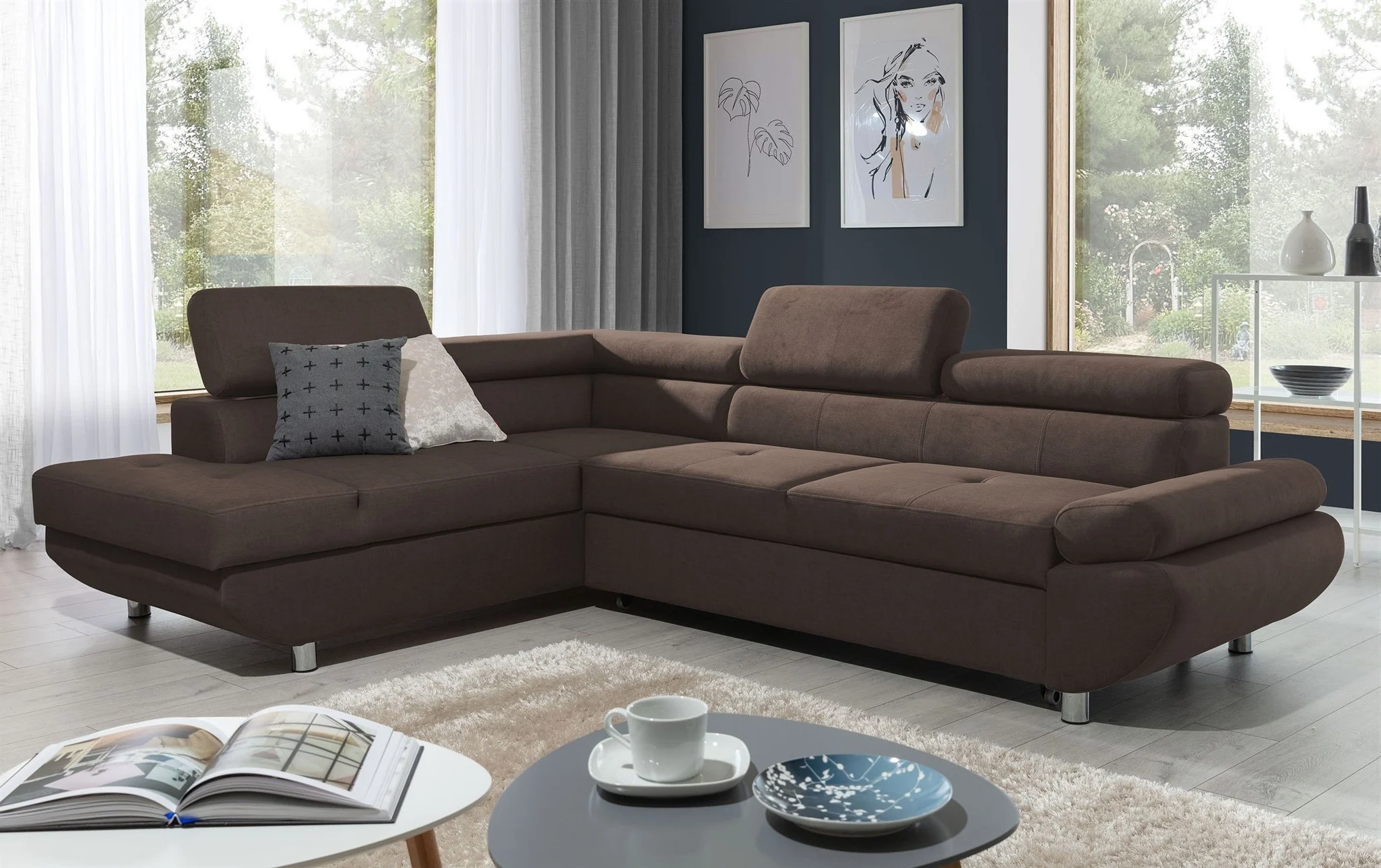 Ecksofa Sofa PANOS Stoff Esito Braun mit Schlaffunktion Ottomane Links - Fun Möbel