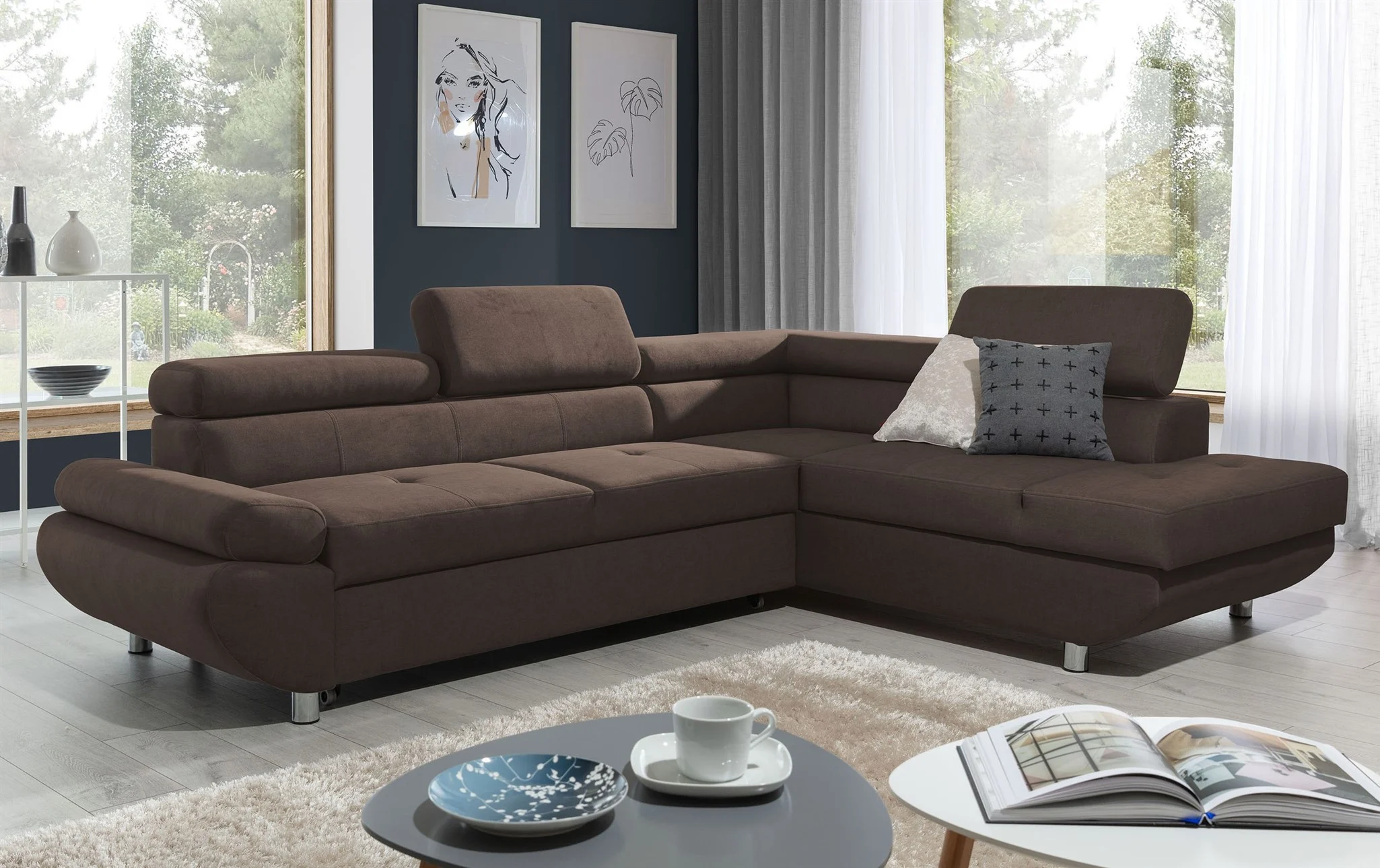 Ecksofa Sofa PANOS Stoff Esito Braun mit Schlaffunktion Ottomane Rechts - Fun Möbel